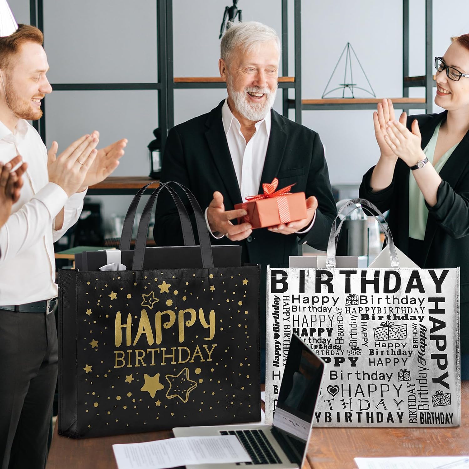 PerKoop 4 Pcs Extra Large Happy Birthday Gift Bags 20 x 16 Inch Jumbo White Black and Gold Gift Reusable Non Woven Birthday Party for Men Women Party Supplies - Image 4