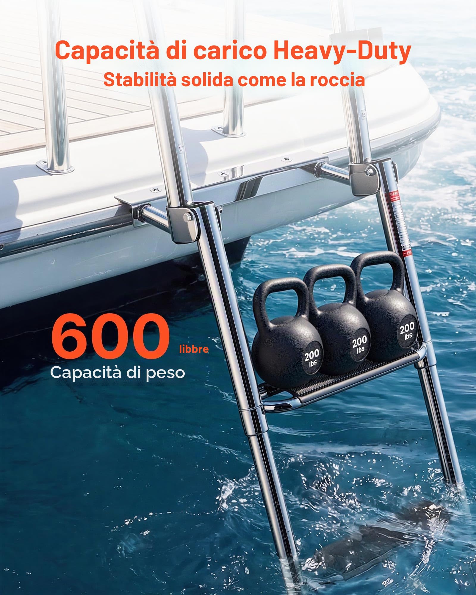 VEVOR Scaletta per Barca in Acciaio Inox, Scaletta Telescopica Pieghevole a 4 Gradini con Corrimano, per Piattaforma di Poppa, Portata Fino a 272 kg, Gradini Ampi, per Fuoribordo, Yacht e Pontoni
