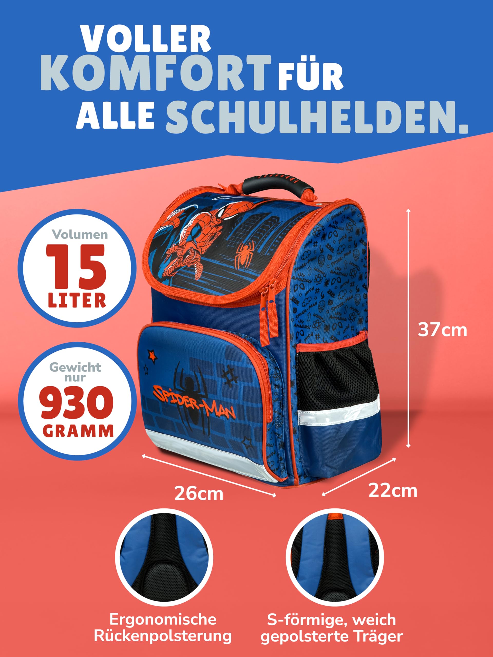 Familando - Schulranzen Set CLOU - 9-teilig mit Sporttasche - Marvel Spiderman - Ergonomisch, stabil & mit gepolstertem Rücken - 930g leicht - 15L Volumen - Mit Reflektoren - ab 1. Klasse