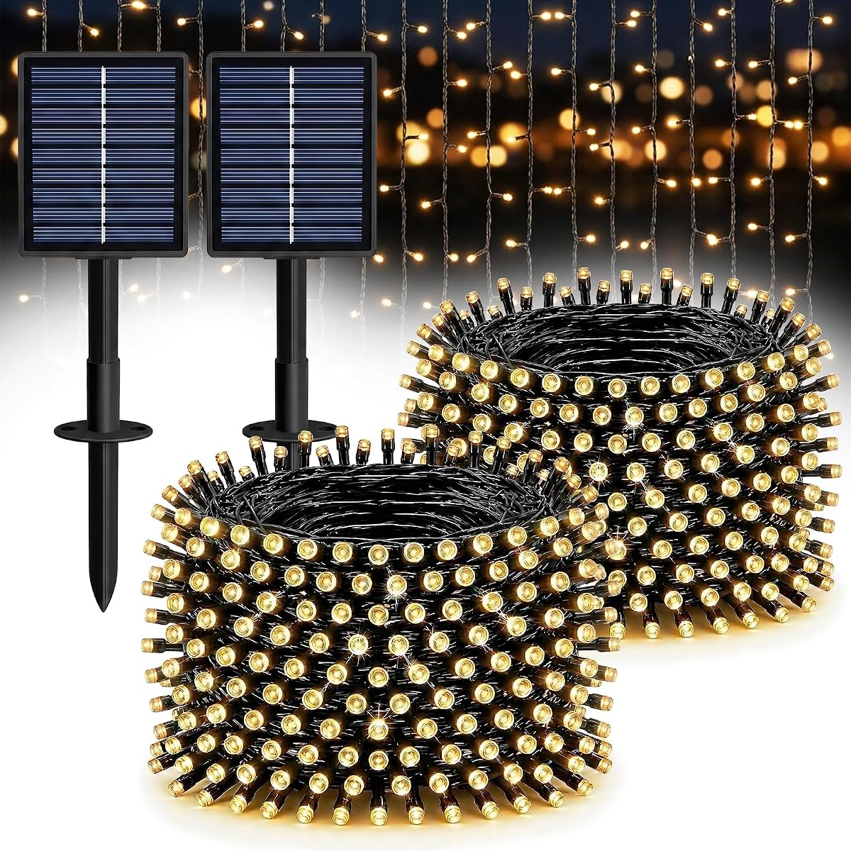 Solar String Lights 2 Pack Total 66FT 200LED Solar Fairy Lights Outdoor Waterproof 8 Modes Twinkle Solar Lights for Patio, Garden Yard Party Wedding Tree Christmas Halloween Decoration, Warm White