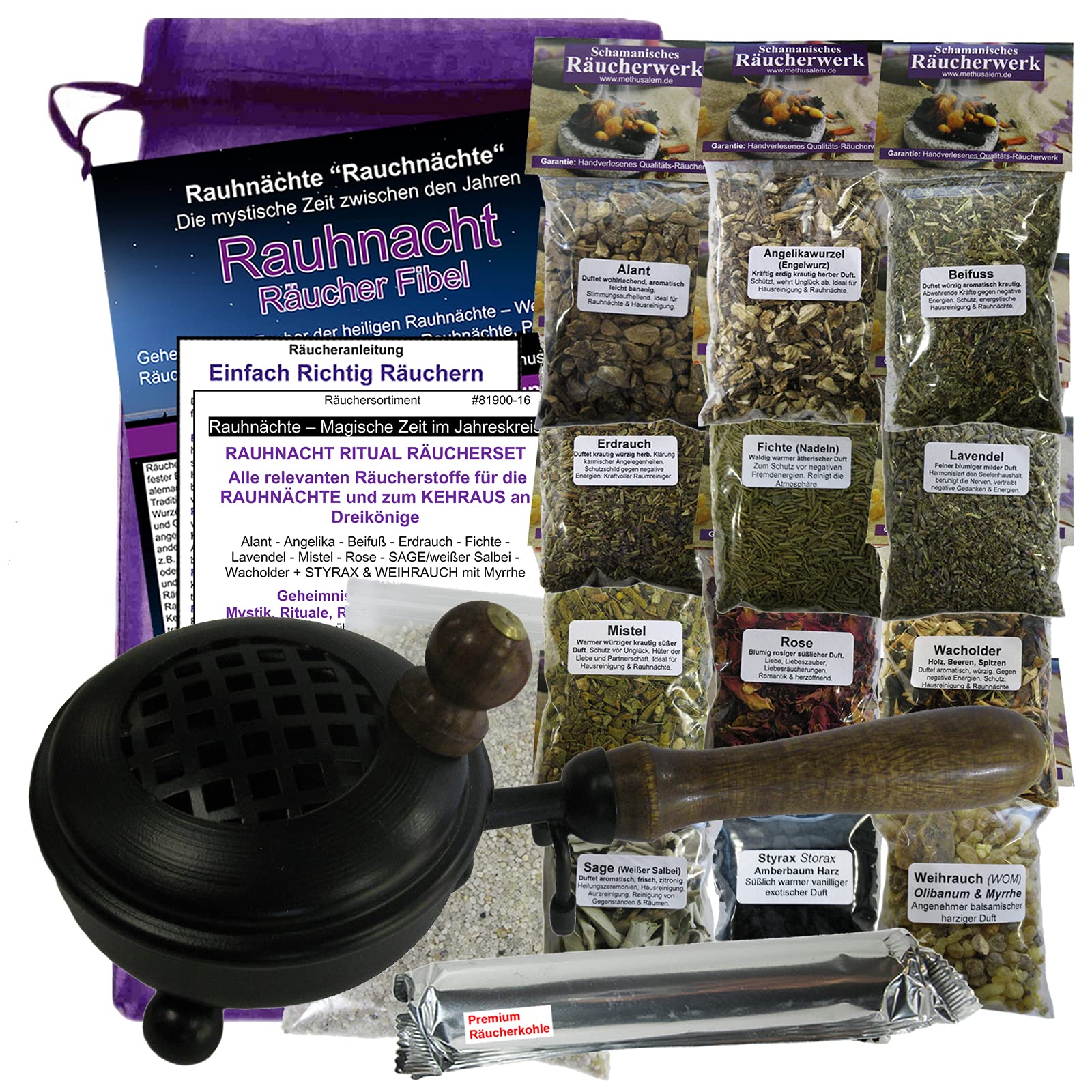 RAUHNÄCHTE räuchern 19-TLG Rauhnacht KOMPLETT Set mit Räucherwerk, weißer Salbei, Weihrauch, Myrrhe, Styrax, Räucherpfanne, Räucherzubehör, Rauhnachtfibel. 81900-16ST/3165S