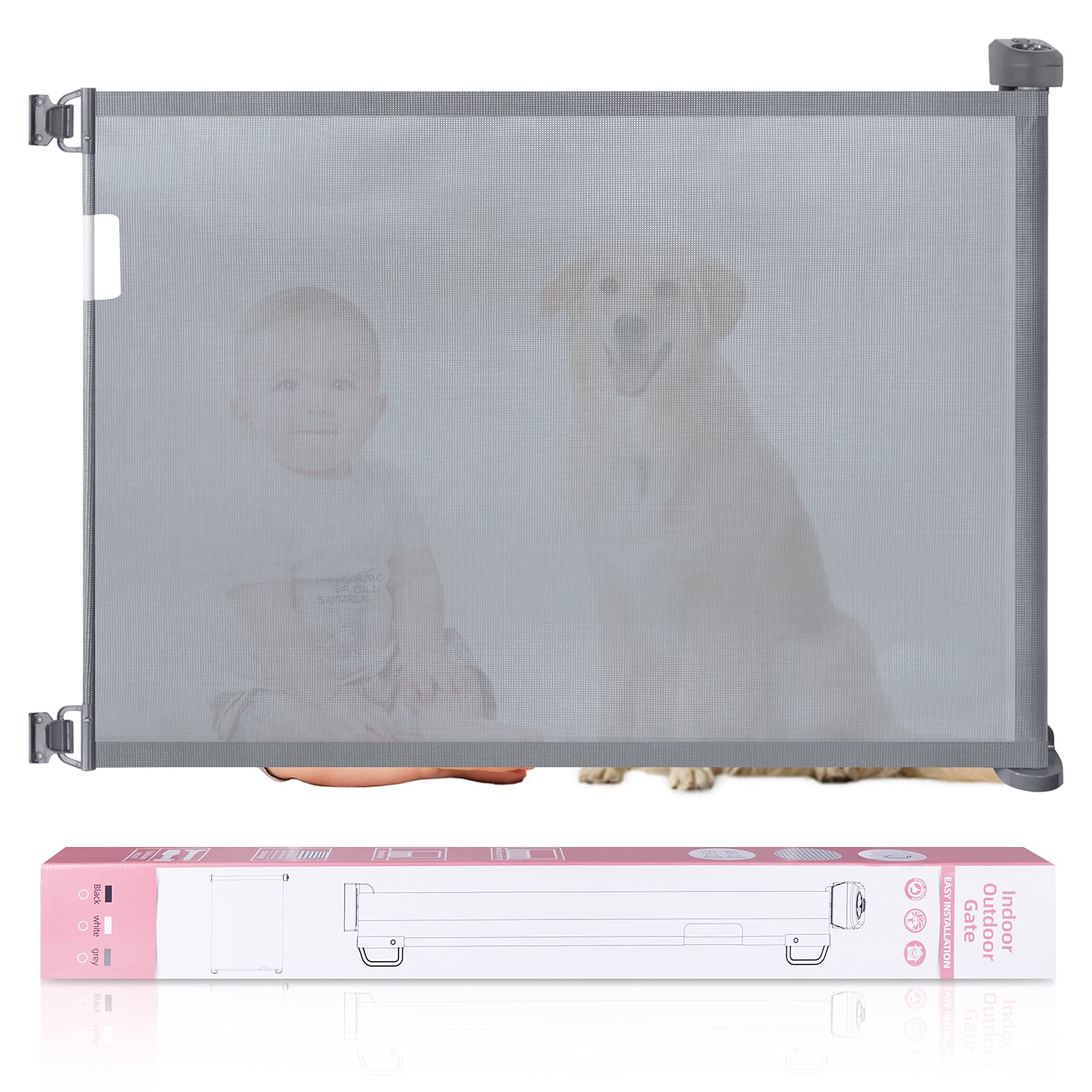 Retractable Baby Gates for Stairs, Dog Gates for Doorways, Mesh Baby Gate Extends to 72" Wide 34" Tall, Pet Gate Indoor Use for Hallways, Porch, Patio, Outdoor - Gray