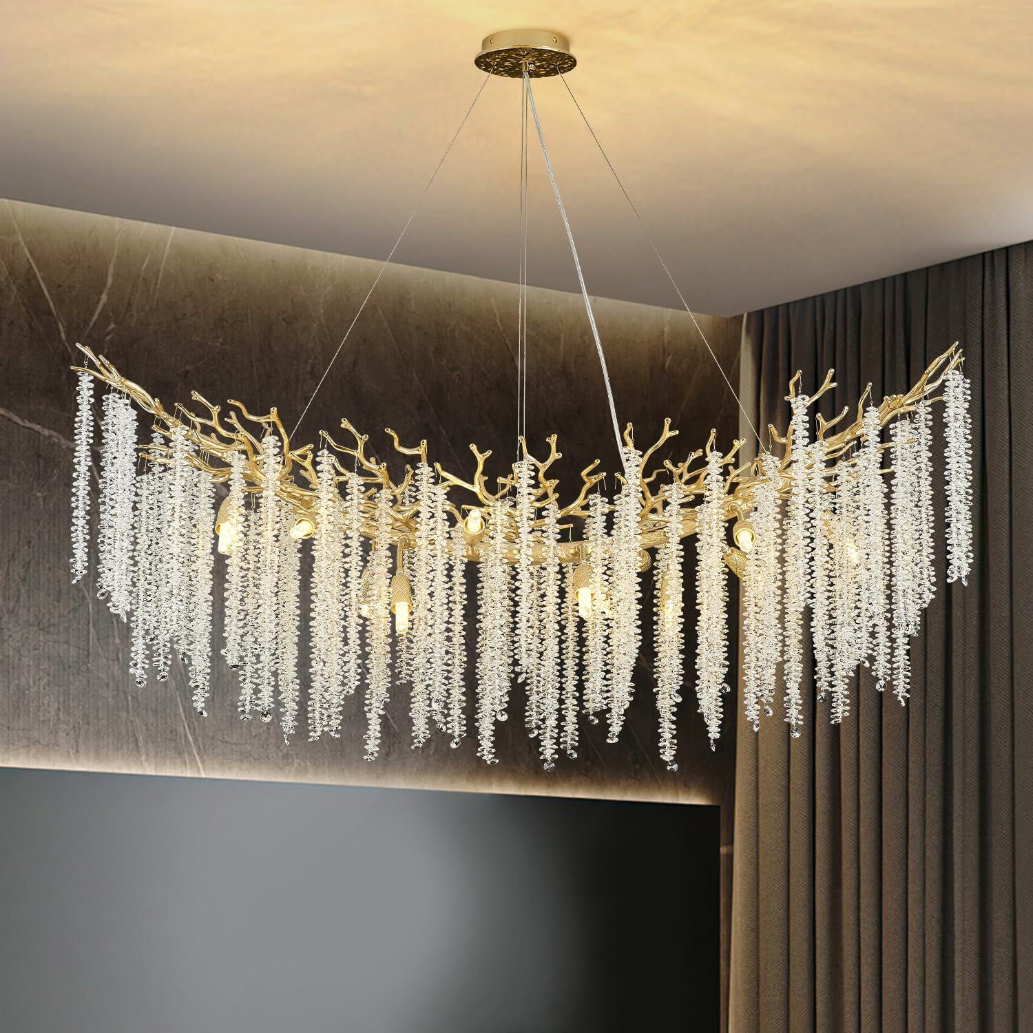 Tree Branch Chandelier 8inch Silver Modern Round Crystal Chandelier Ceiling Pendant Light Fixtures for Dining Room Kitchen Island Living Room Bedroom
