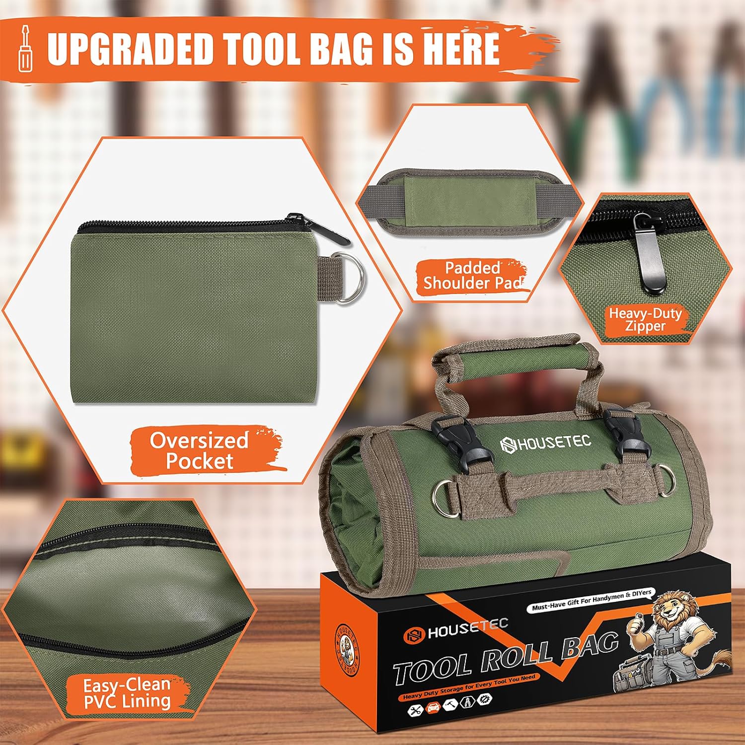 Roll Up Tool Bag-Gifts For Men Dad Husbands Him, Father's Day Birthday Gifts For Men, Heavy Duty Tool Organizer Bag With 2 Detachable Pouches Mechanic Carpenter (Green)