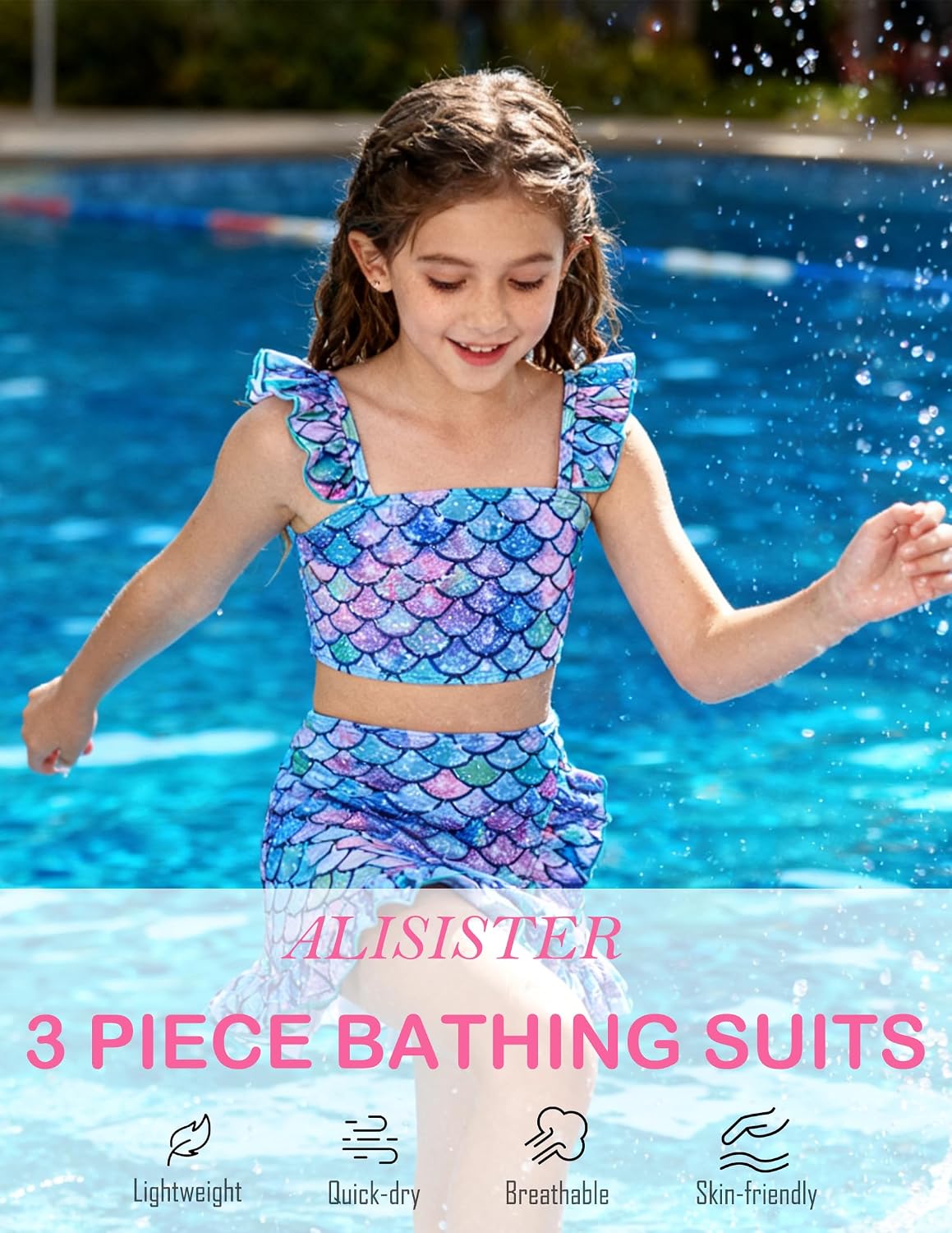 ALISISTER Girls Swimsuit 3 Piece Bathing Suits Summer Bikini Tankini Sets with Cover Up Skirt for 4-12 Years