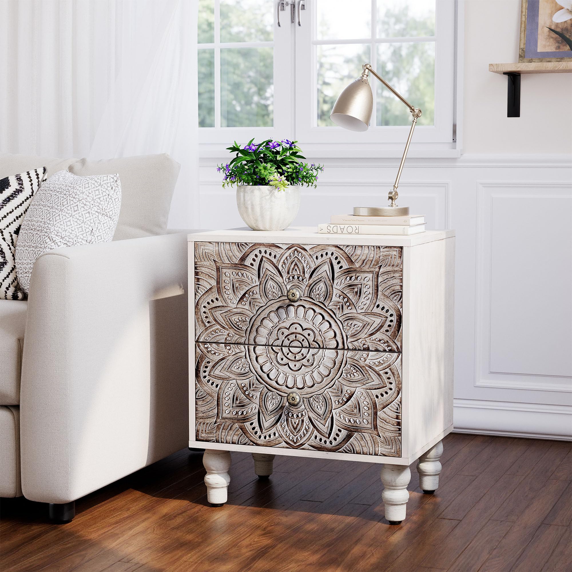 HOMPUS White Nightstand with 2 Drawers, Farmhouse Nightstand for Bedroom