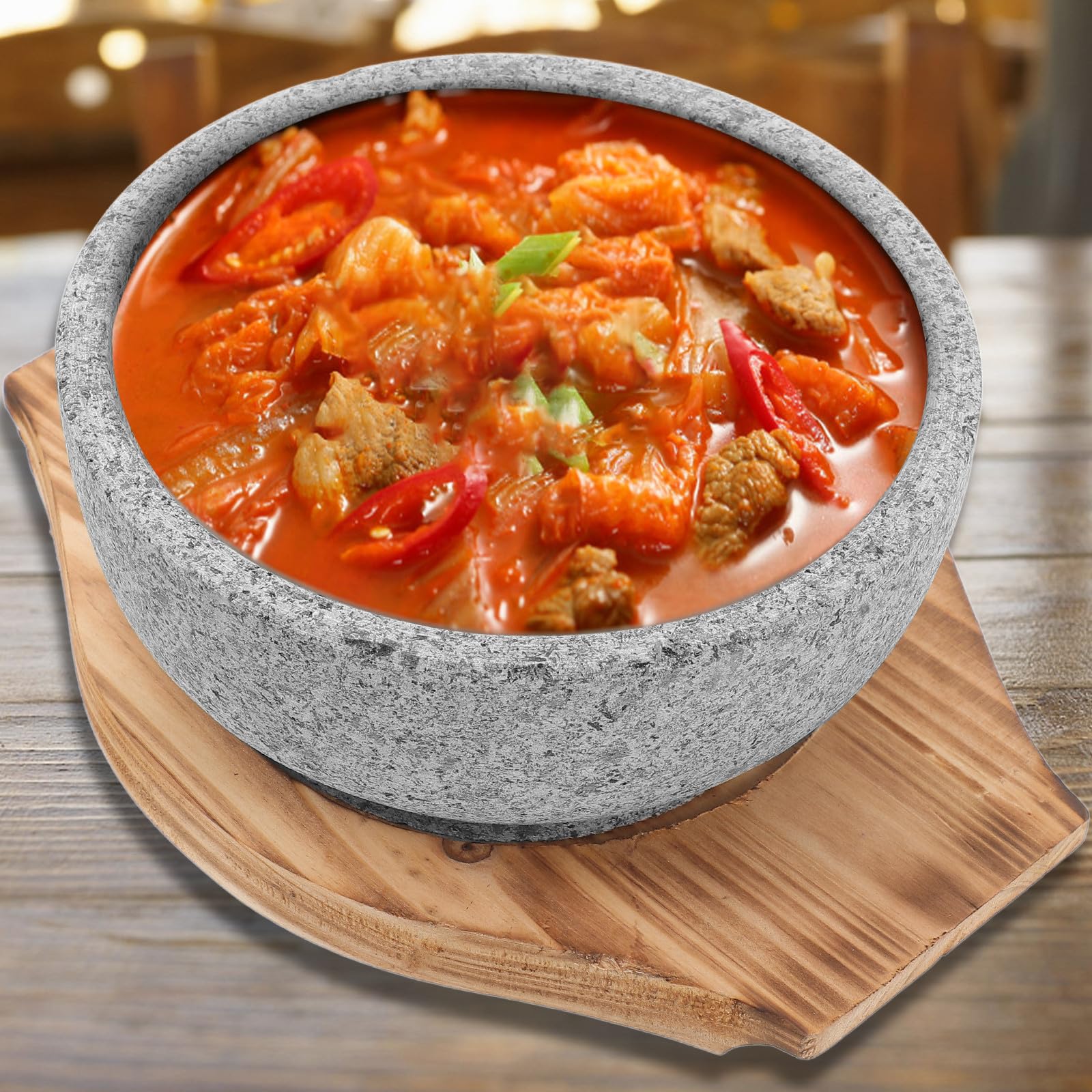 CALLARON Koreanische Dolsot Schüssel Hitzebeständig aus Naturstein 600ml mit Holztablett Runde Stein Bibimbap Schale und Leicht zu Reinigen für Küche