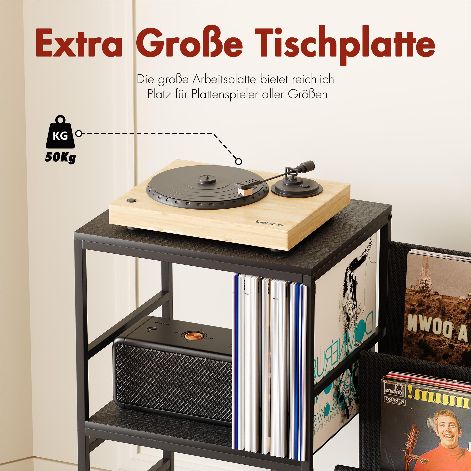 Plattenspieler-Ständer mit Schallplattenregal, Vinyl-Aufbewahrung für LPs, Mehrstufiger Schallplattenständer aus Metall, Industrie-Design für Wohnzimmer (Schwarz 2)