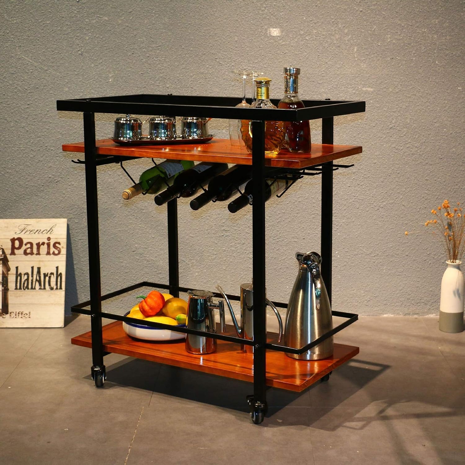 Industrial Bar Cart With Wine Rack And Glass Holder, Mobile Wine Carts With Wheels For The Home, Serving Cart And Kitchen Storage Cart , Vintage Brown kitchen cart with storage ( Color : Two floors
