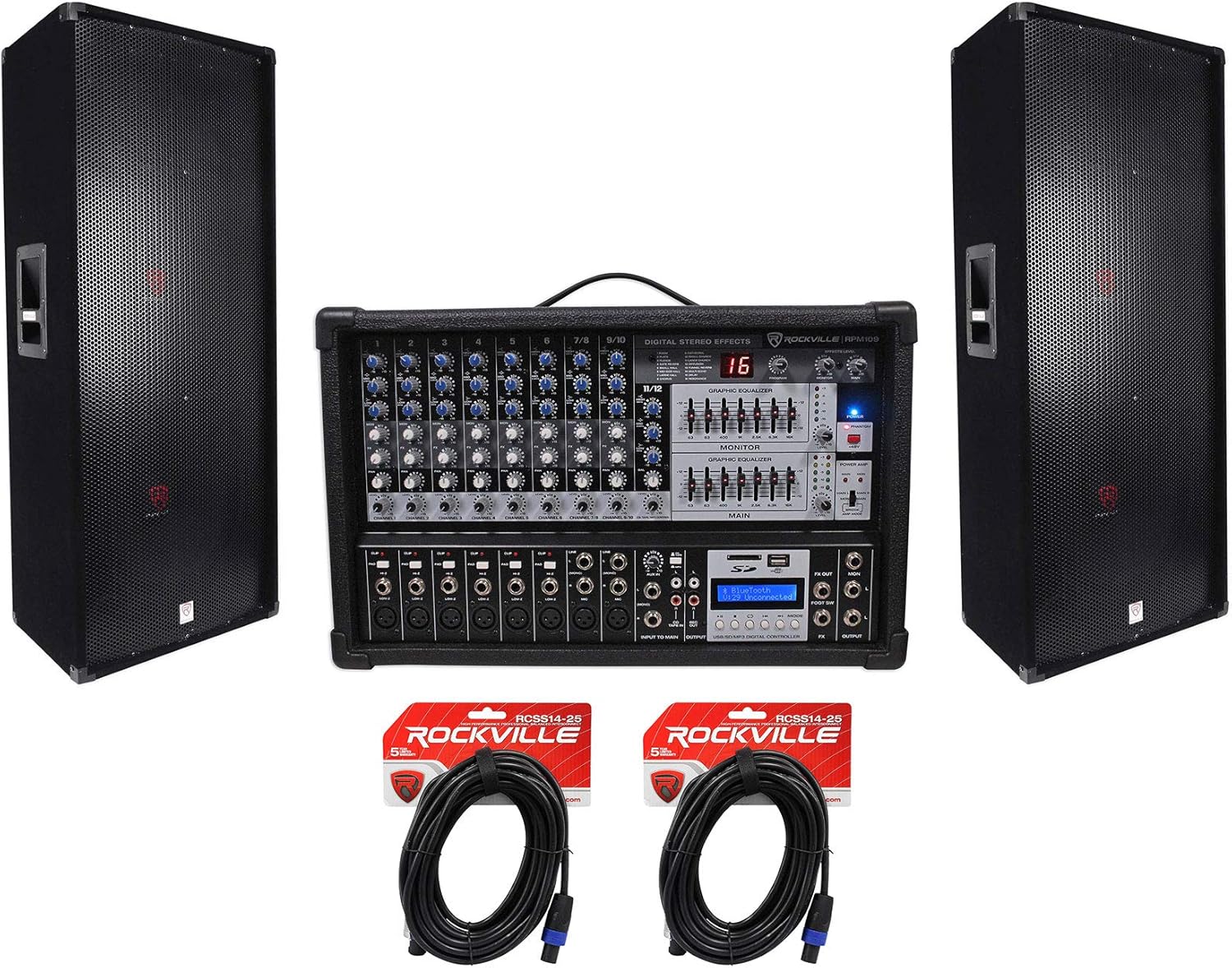 2 Rockville RSG15.24 Dual 15 3000w 3Way DJ/Pro PA Speakers+Powered Mixer w/USB