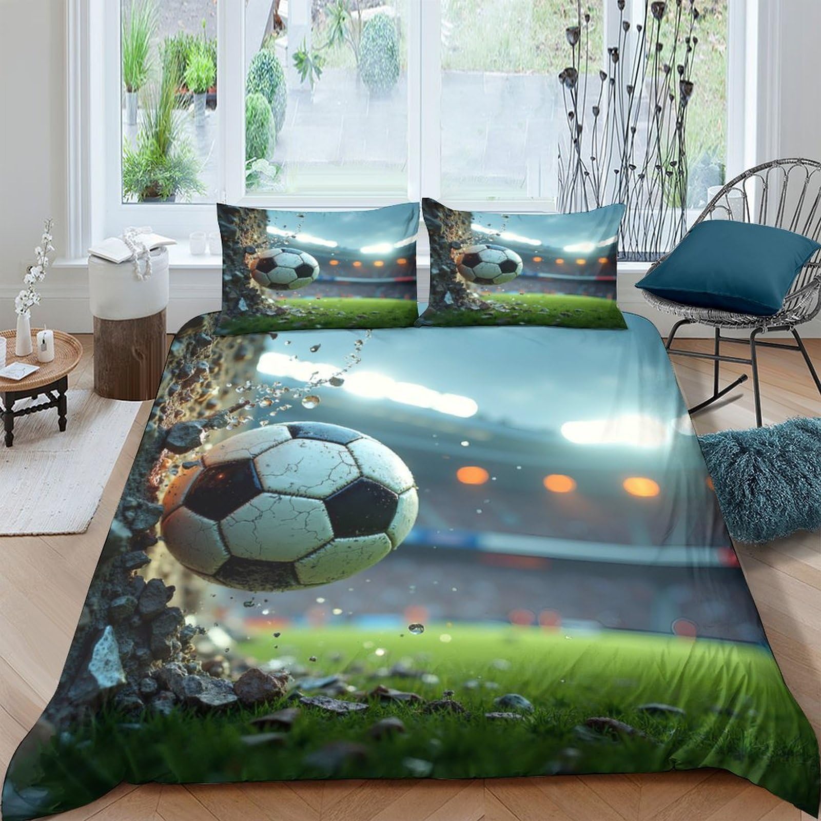 TUFRTGYHN 3D Printed Football Stadium Duvet Cover Microfiber Soft Breathable Soccer Bedding Set with 2 Pillowcases for Bedroom Single（135x200cm）