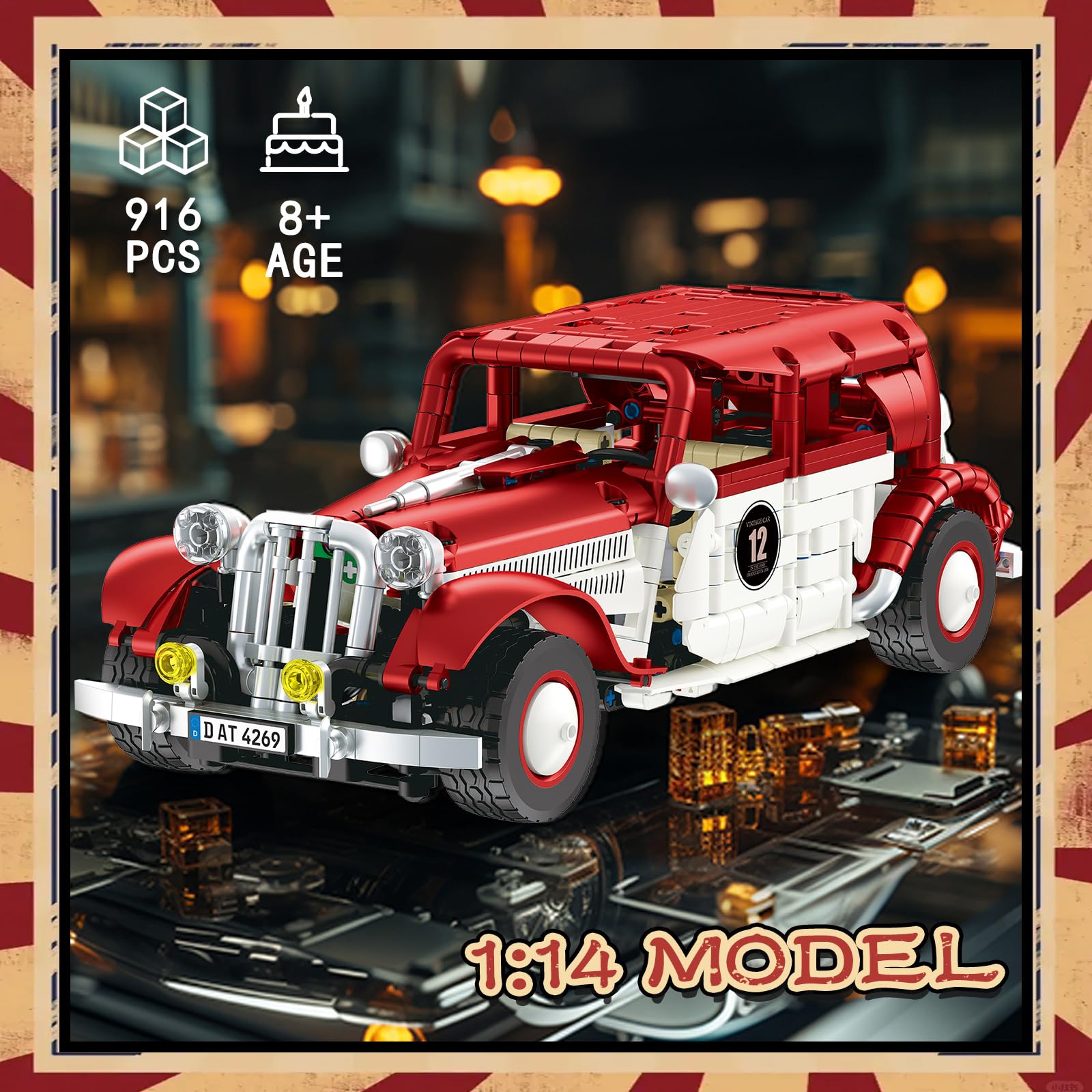 HIGH GODO Technik Auto Klemmbausteine, Oldtimer Modell Mit Fernbedienung 916 Teile Ferngesteuert Vintage Auto, Bausteine Set Geschenke für Erwachsene Sammler 14+