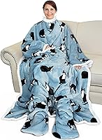 Vista 36 de Catalonia Manta de Forro Polar Vestible con Mangas y Bolsillos para los Pies para Mujeres y Hombres Adultos, Manta Envolvente con Mangas de Gato azul