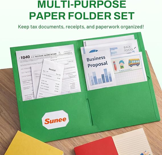 SUNEE Folders with Pockets(25 Pack, Green), 2 Pocket Folders Fit Letter Size Paper, Paper File Folder for School Office Home Business
