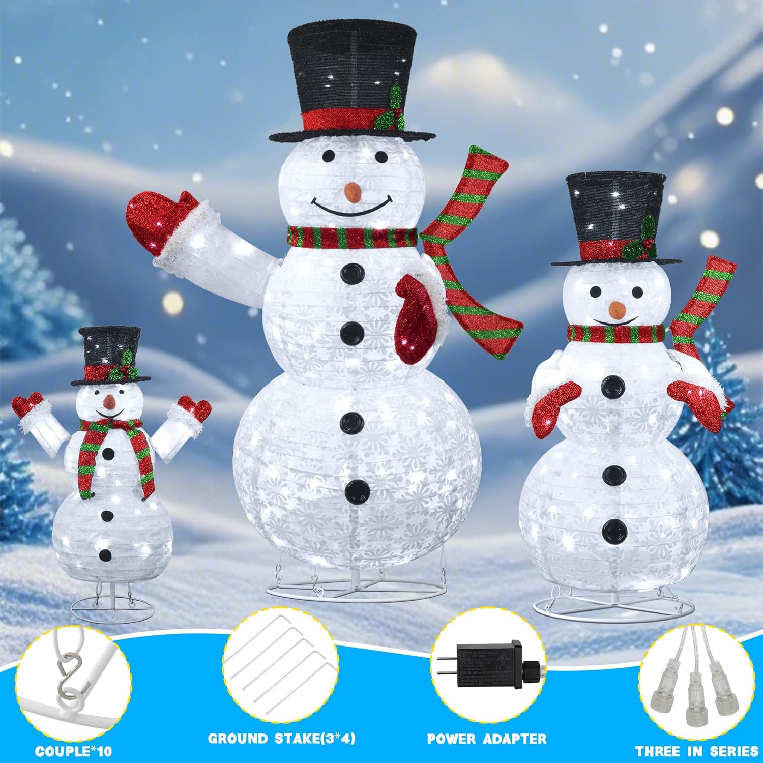 kemooie 3 Pcs 3D Lighted Christmas Snowman Decorations, 4FT+3FT+2FT Collapsible Snowman Outdoor Decorations with 270 LED Lights, Pre-lit Snowman Family Set for Indoor Outdoor Garden Lawn Xmas Decor