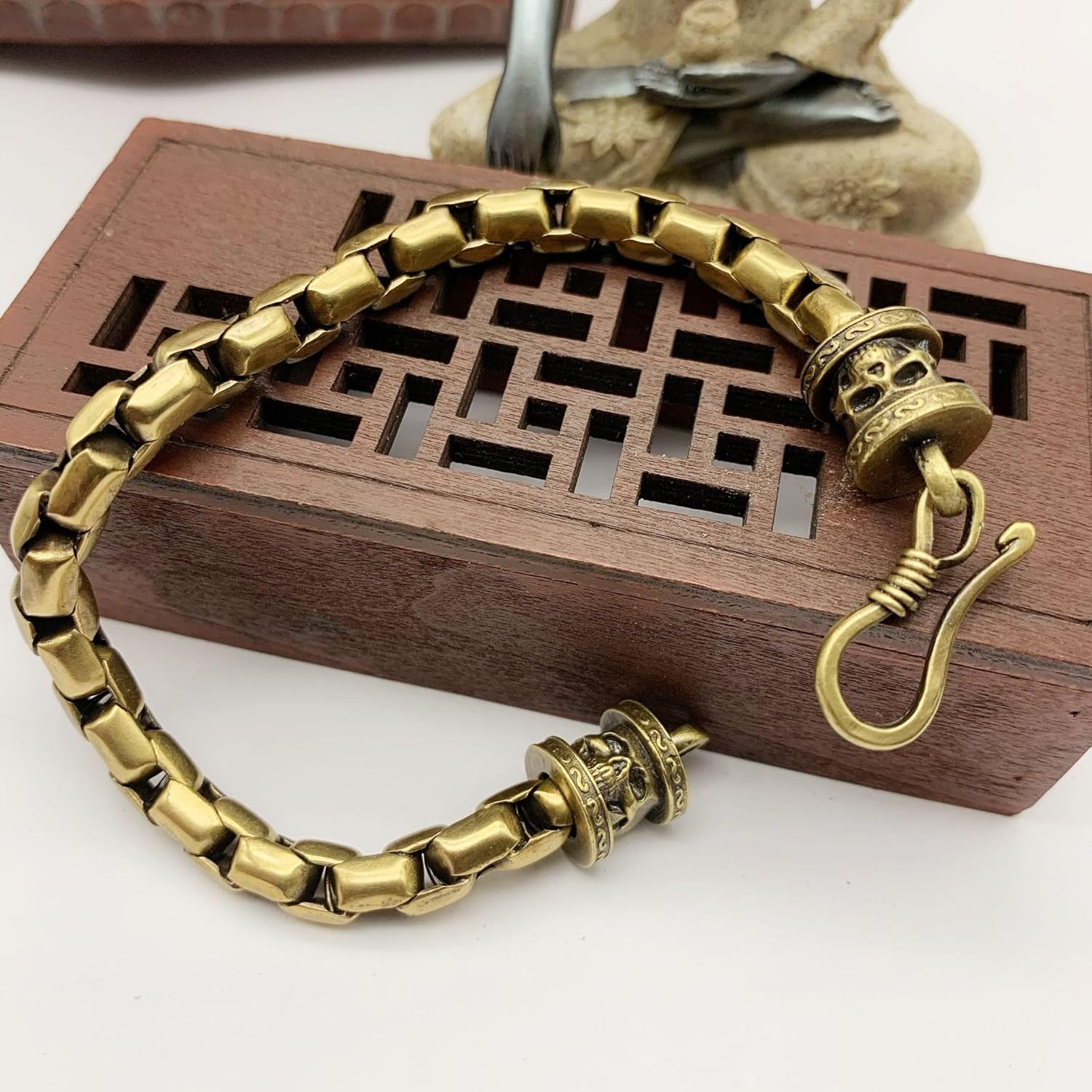 Brass Skull Chain Bracelet for Men - Handmade Vintage Link Cuff Antique Jewelry Accessory,220mm(8.66inch)