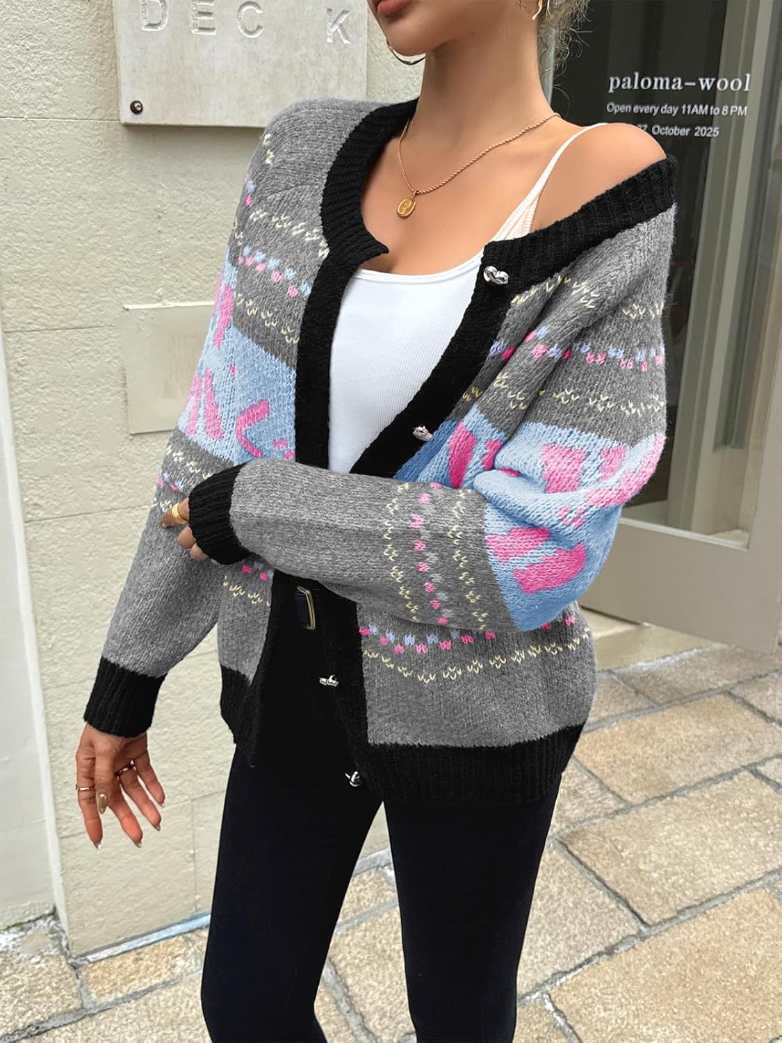 Saodimallsu Womens Button Up Cardigan Sweaters Crew Neck Vintage Fair Isle Long Sleeve Warm Knit Christmas Sweater Coats - Image 3