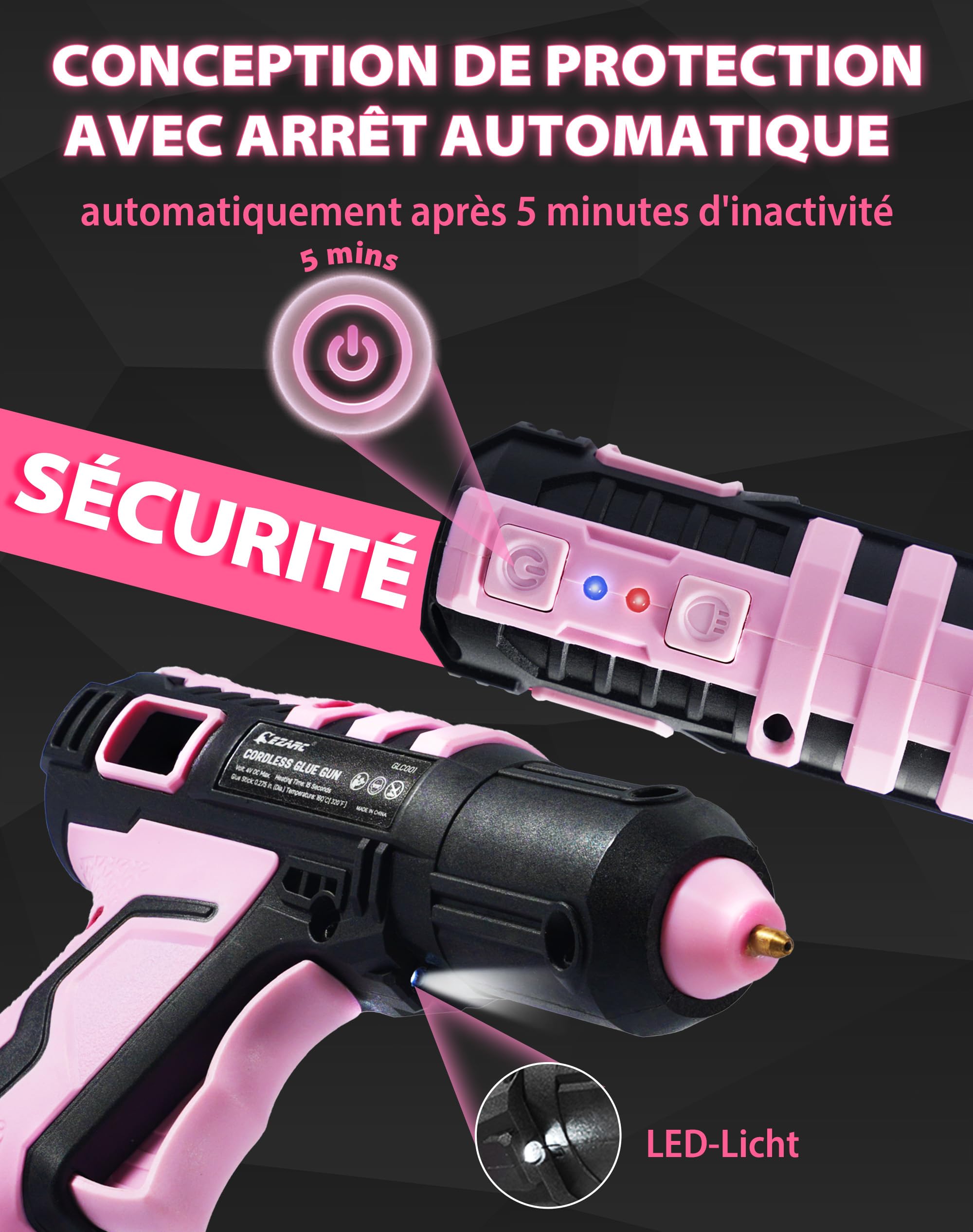 EZARC - Pistolet à colle chaude sans fil, chauffage rapide en 15 secondes, 30 mini bâtons de colle, mise en marche et arrêt sécuritaires, batterie lithium-ion intégrée de 2500 mAh