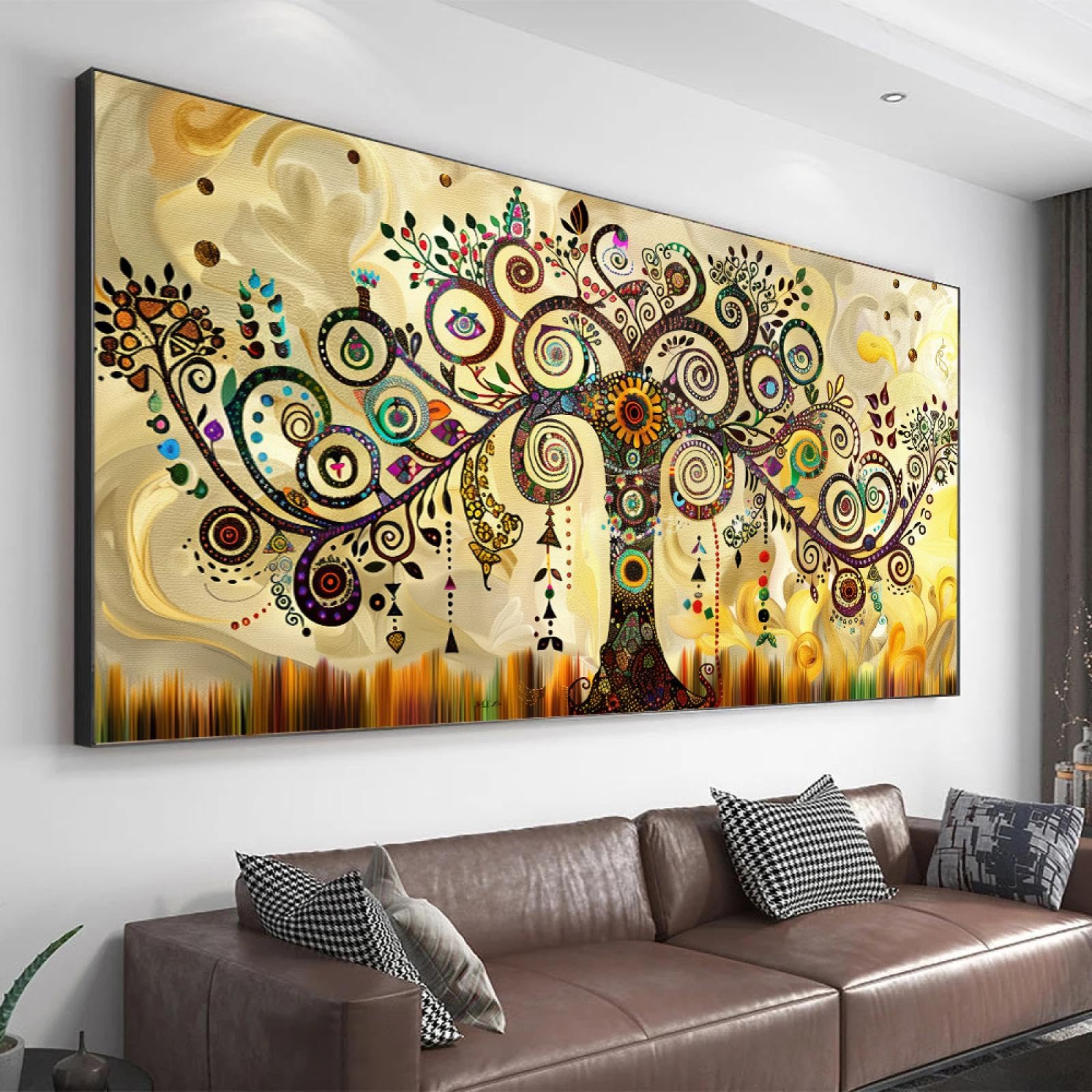 LSYALUCK Picture Canvas Print Tree of Life Wall Art Abstract Vintage Artwork Landscape Classical Painting for Living Room Home Decor 40x87cm(16x34in) With-Black-Framed