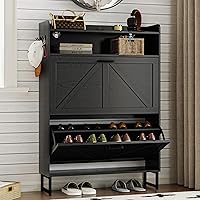 BORNOON Narrow Shoe Cabinet with 2 Flip Drawers - Slim Wooden Storage Organizer for Entryway Hallway Bedroom