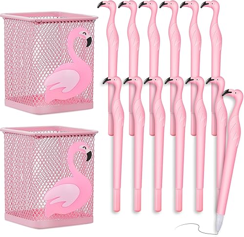 Henoyso 14 soportes de metal para lápices de flamenco, lindo soporte para bolígrafo rosa, bolígrafos de tinta rosa, vasos cuadrados para escritorio,