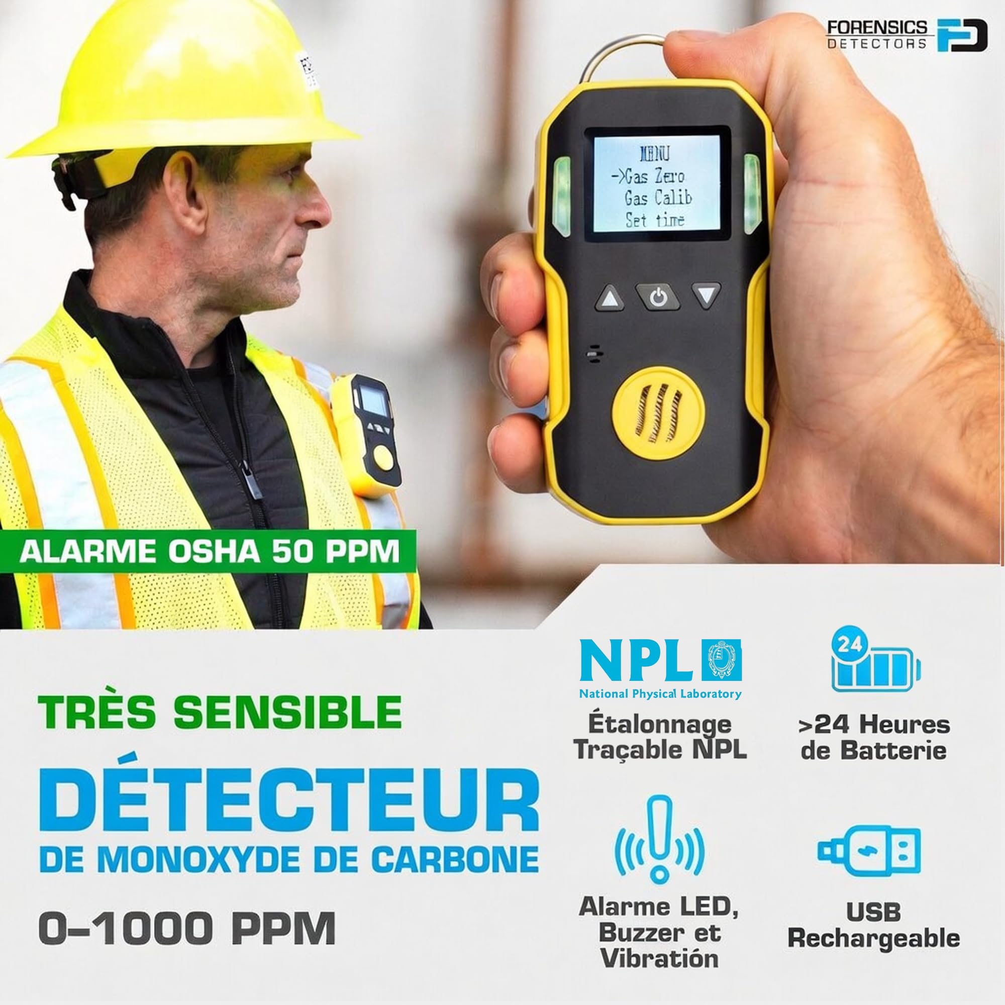 Détecteur Portable De Monoxyde De Carbone (CO) | Certificat d'étalonnage UE | Recharge USB | Alarmes Sonores, Visuelles Et par Vibration | 0–1000 ppm CO