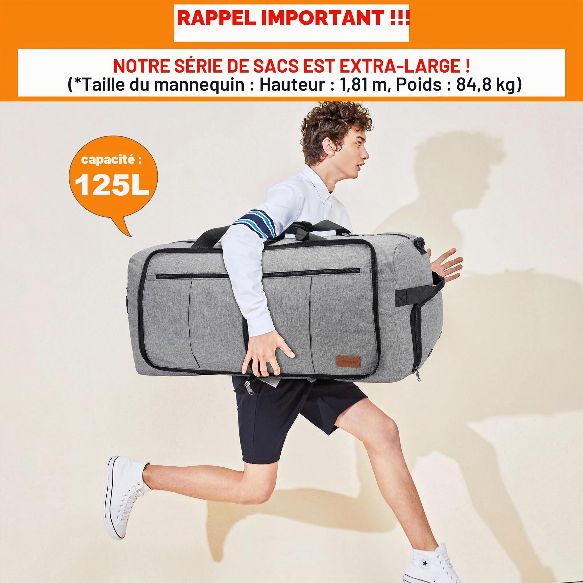 Upeelife Sac Voyage Pliables 125L, Grand Sac de Voyage Femme Homme Sac de Sport, Etanche Sac Weekend avec Compartiment à Chaussures et Poche Humide