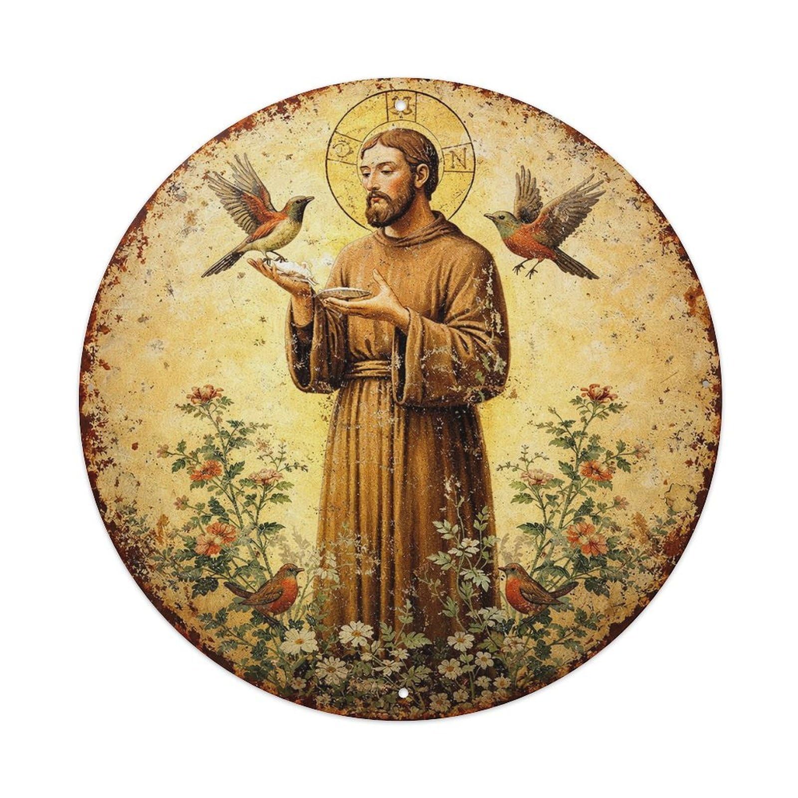 Saint Francis With Birds And Flowers Round Metal Tin Sign Vintage Wall Decor, Bar Garage Cafe Kitchen Home Wall Art Poster 8x8inches