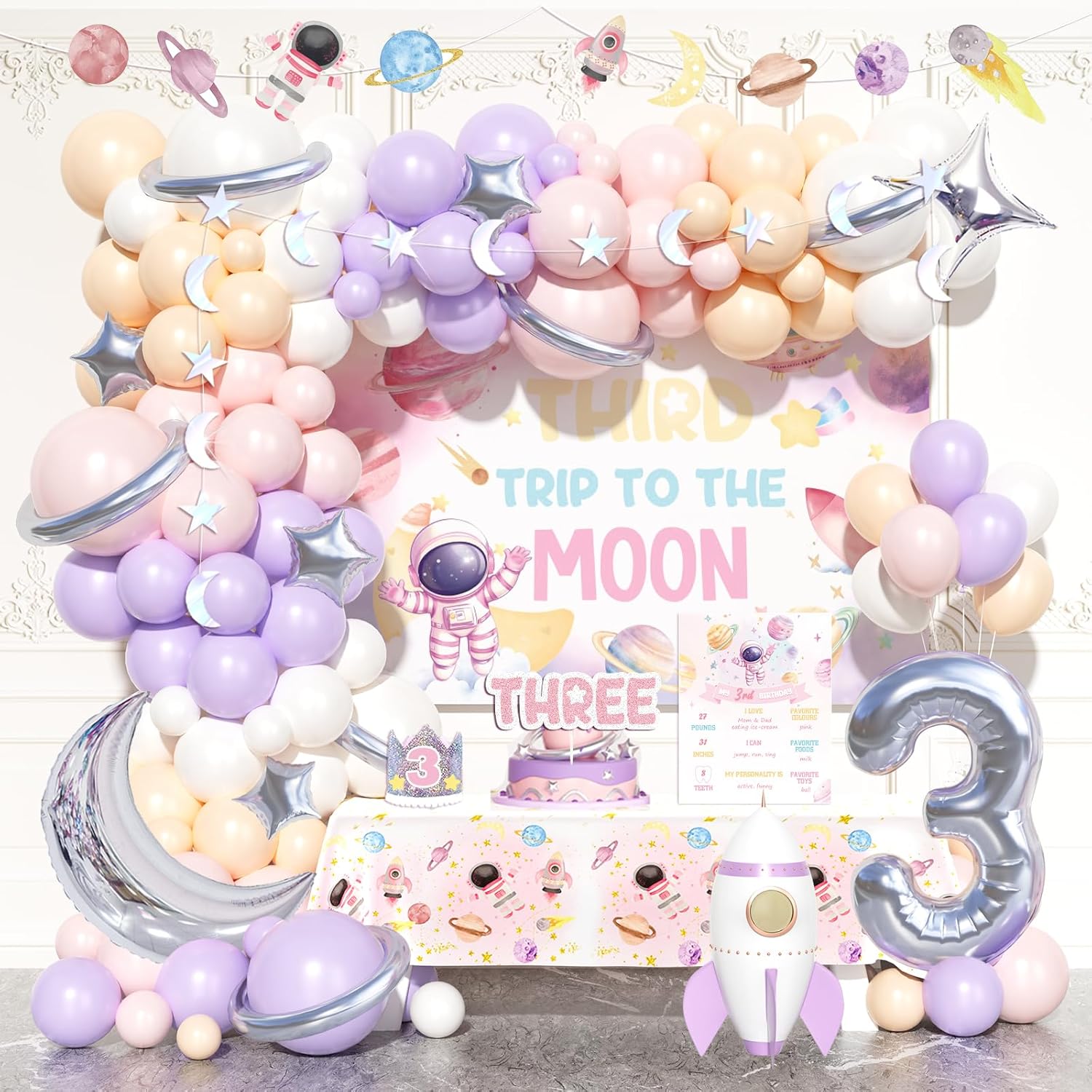 Party Inspo Outer Space 3rd Birthday Decorations for Girls, Third Trip To The Moon Party Supplies Set, 106Pcs Galaxy Astronaut Themed Party Supplies Backdrop Balloon Banner for 3 Year Old Girl
