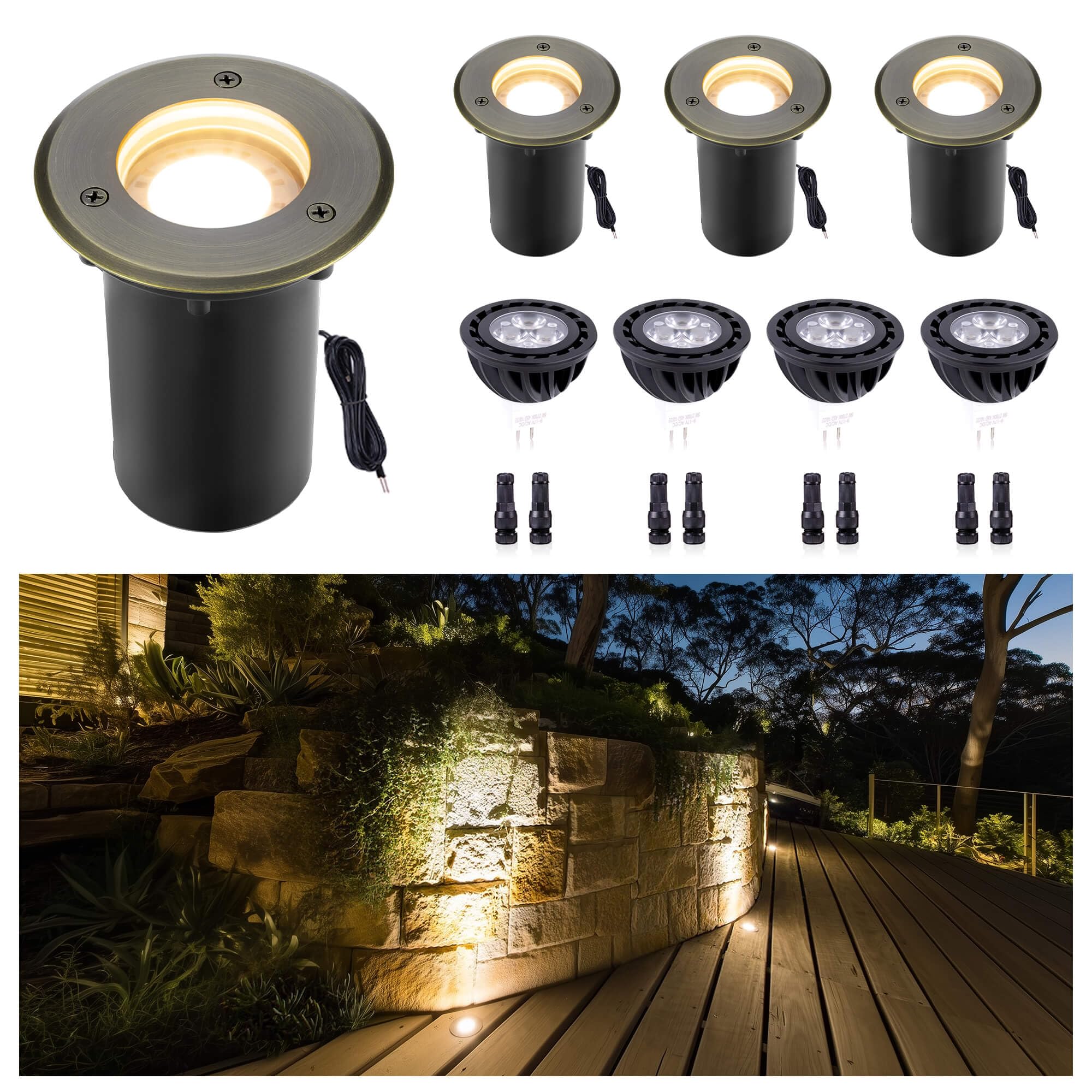 Gardenreet Outdoor Low Voltage Well Lights - Brass Electric 12V Replaceable Bulb In-Ground Lighting, LED Low Voltage Fixture, Antique Bronze for House Patio Backyard with 2700K Warm White MR16 Bulb