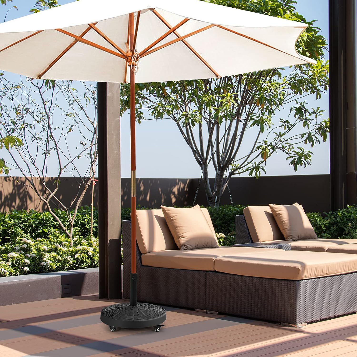 Tangkula 50 LBS Patio Umbrella Base, Round Outdoor Umbrella Stand W/Lockable Wheels, Hand Knob, Rattan Designed Umbrella Base Holder for Poolside, Yard, Street (Black)
