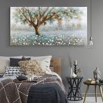 Canvas Wall Art Tree Wall Art Pour Salon Chambre à coucher Mur Décor Fleur Blanc Décorations murales pour la maison Peinture photo Un panneau Bleu Forêt Paysage Nature Reproduction d'oeuvres d'art, Canvas Imprimer Artwork moderne Impression Grand mur Art encadré pour la Maison Bureau Li