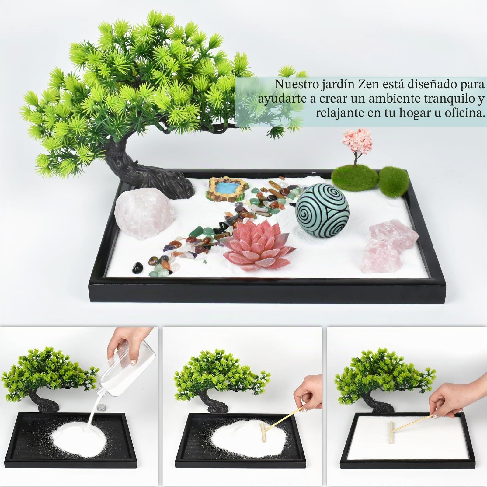 Artcome Jardín de Arena Zen japonés para Escritorio, Accesorios de Oficina, Bandeja Rectangular de Terapia de meditación Hecha a Mano, Herramienta de relajación Consciente