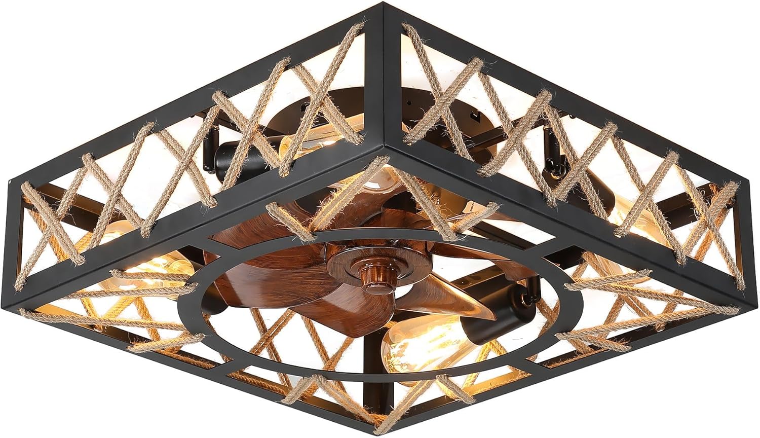 HomeLava Caged Ceiling Fan with Light, 17.7 inch Farmhouse Bladeless Rustic Square Flush Mount Ceiling Fan, 6 Speed Reversible Timing Low Profile Ceiling Fans with Lights and Remote
