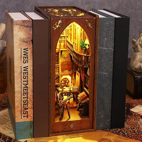 Miniatura 3 de Kit de bricolaje para casa de muñecas en miniatura, decoración de estantería, rompecabezas de madera 3D con luz LED, kits de modelos de construcción