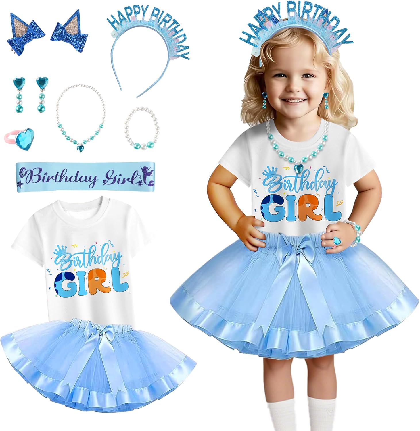 PixiePicks Girls Birthday Outfit- Shirt and Tutu Skirt Dress,Hairpin Satin sash for Children's Holiday Dress Halloween Outfit - Image 2