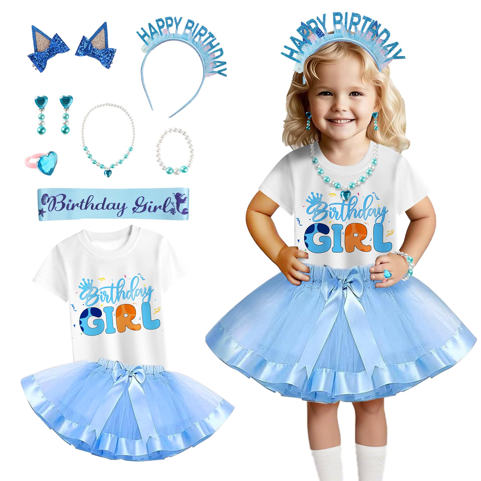 PixiePicks Girls Birthday Outfit -T Shirt and Tutu Skirt Dress, Hairpin Satin sash for Children's Holiday Dress Halloween Outfit?90cm/2T? Blue
