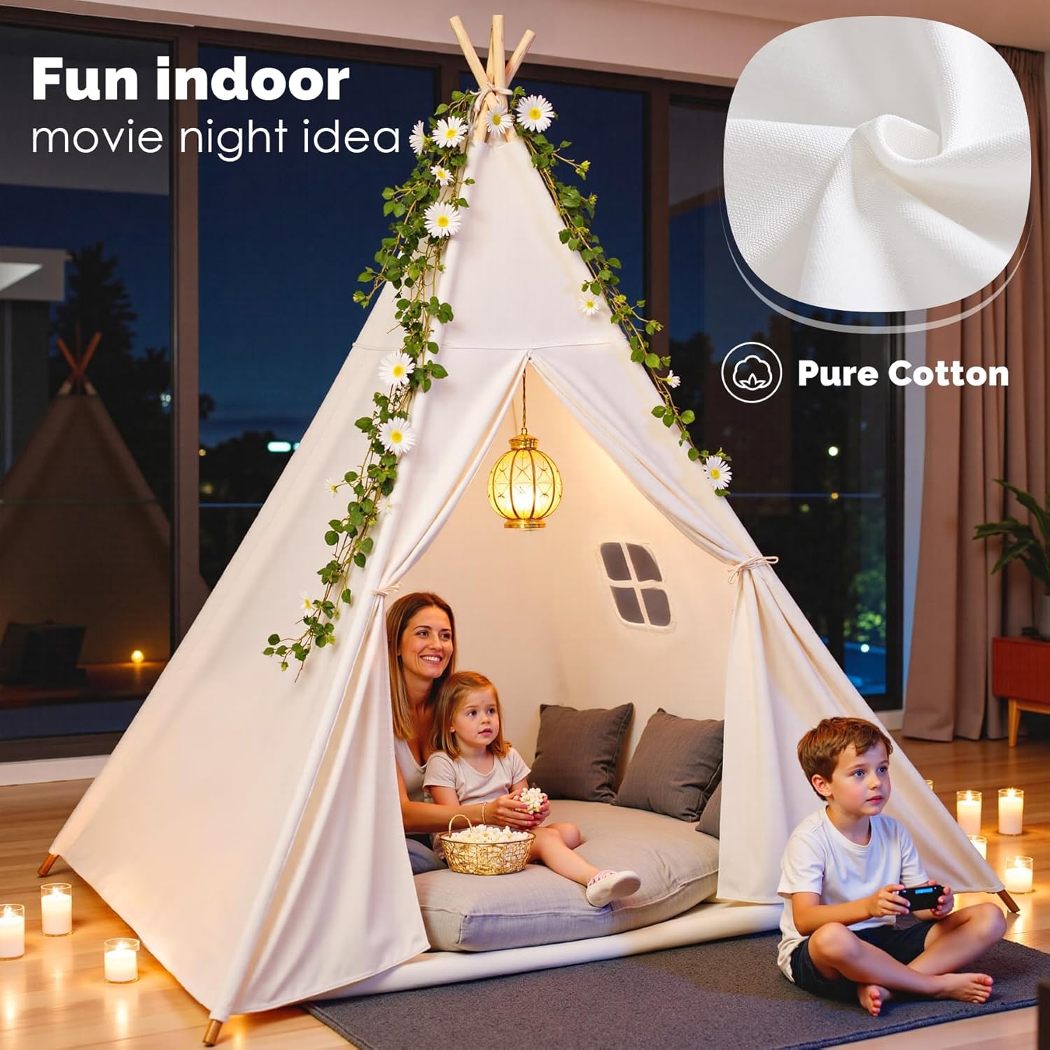 Sumbababy Teepee Tent for Kids, Cotton Canvas Indoor Play Tent, Foldable Toddler Sleepover Tents for Girls & Boys Slumber Party, Washable Gift Set with Star Lights, Banner & Carry Bag