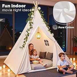 Sumbababy Teepee Tent for Kids, Cotton Canvas Indoor Play Tent, Foldable Toddler Sleepover Tents for Girls & Boys Slumber Party, Washable Gift Set with Star Lights, Banner & Carry Bag