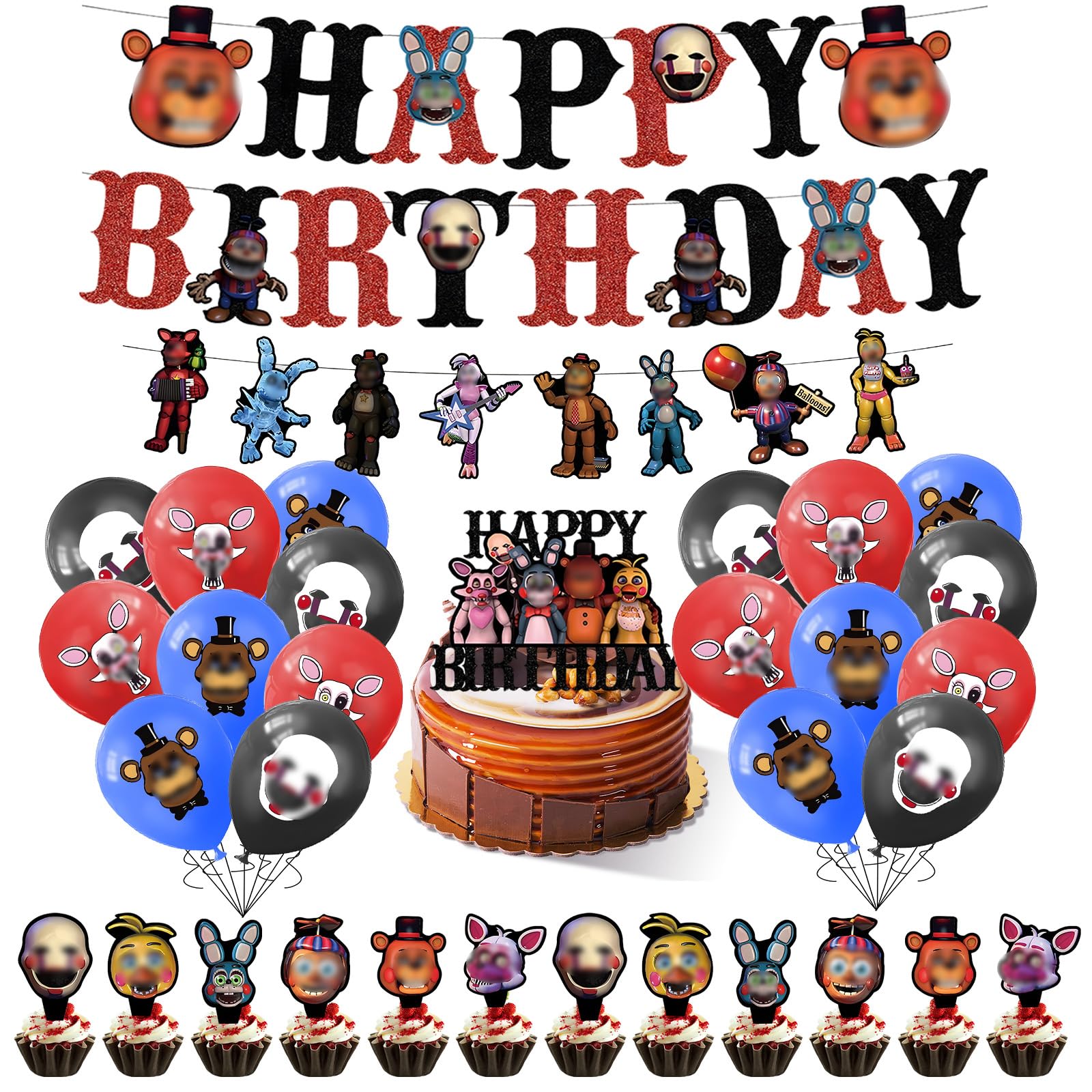 33PCS FNAF Birthday Decorations, Night Bear Party Decorations With Banner Latex Balloons Cake Topper Cupcake Toppers, Night Bear Theme Birthday Party Supplies for Kids Baby Shower — image 1
