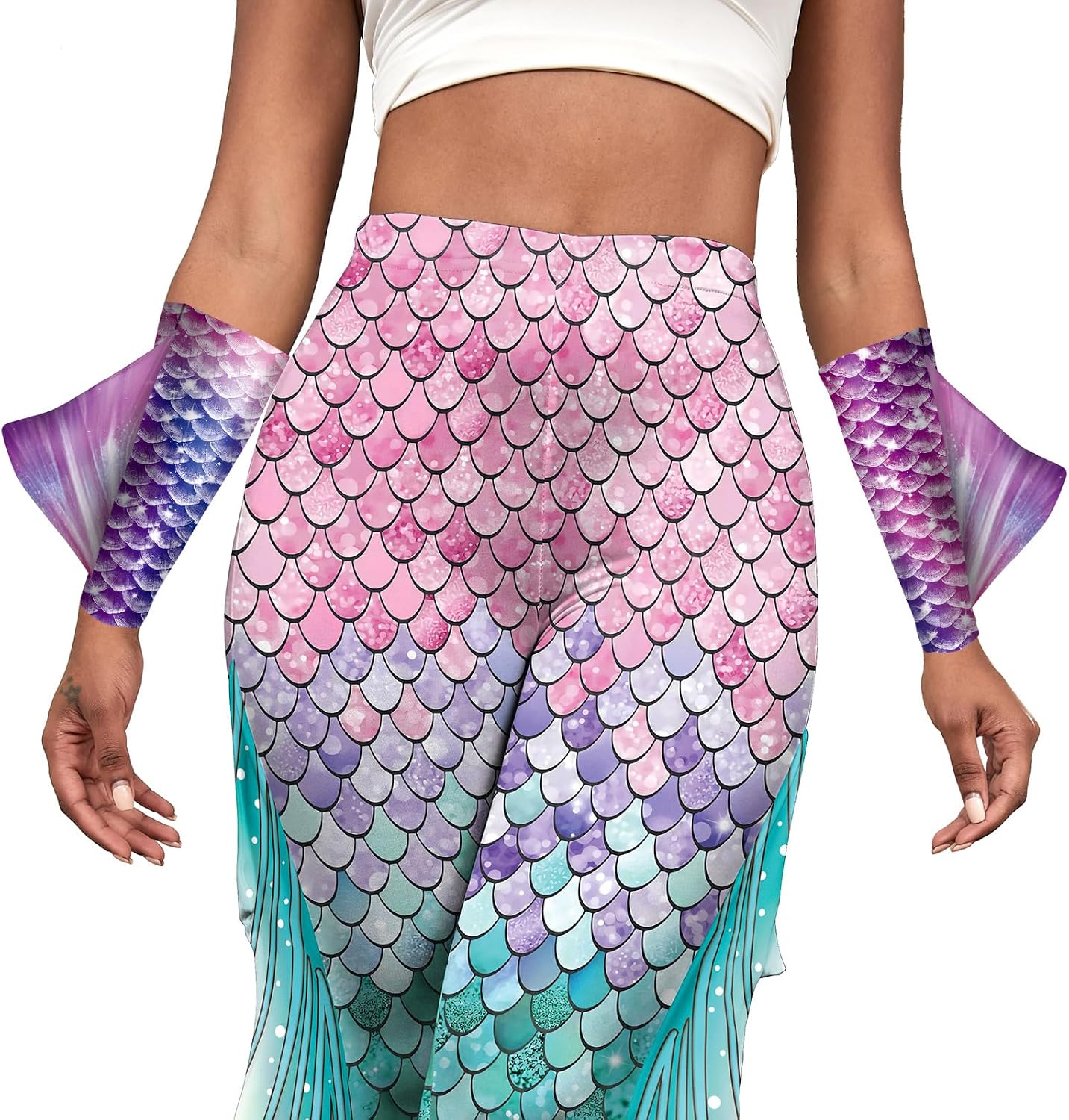 color cosplayer Mermaid Gloves Fish Scale Arm Sleeves Print Fin Halloween Costume Accessories for Women and Girls image 3