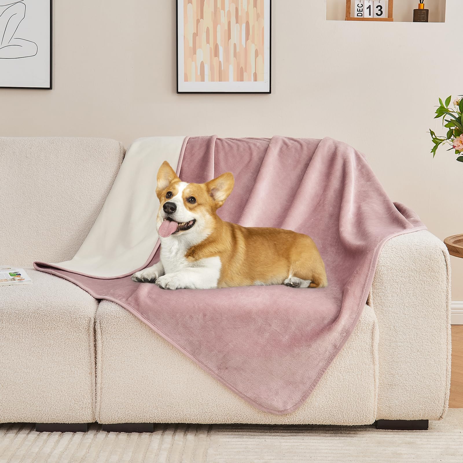 wasserdichte Decke 152x203cm für Erwachsene, umkehrbare wasserdichte Bettdecke für Hunde Katzen Haustiere, weiche leckdichte Decke für Bett Couch Sofa Möbel Schutz, Grau Rosa/Beige Weiß