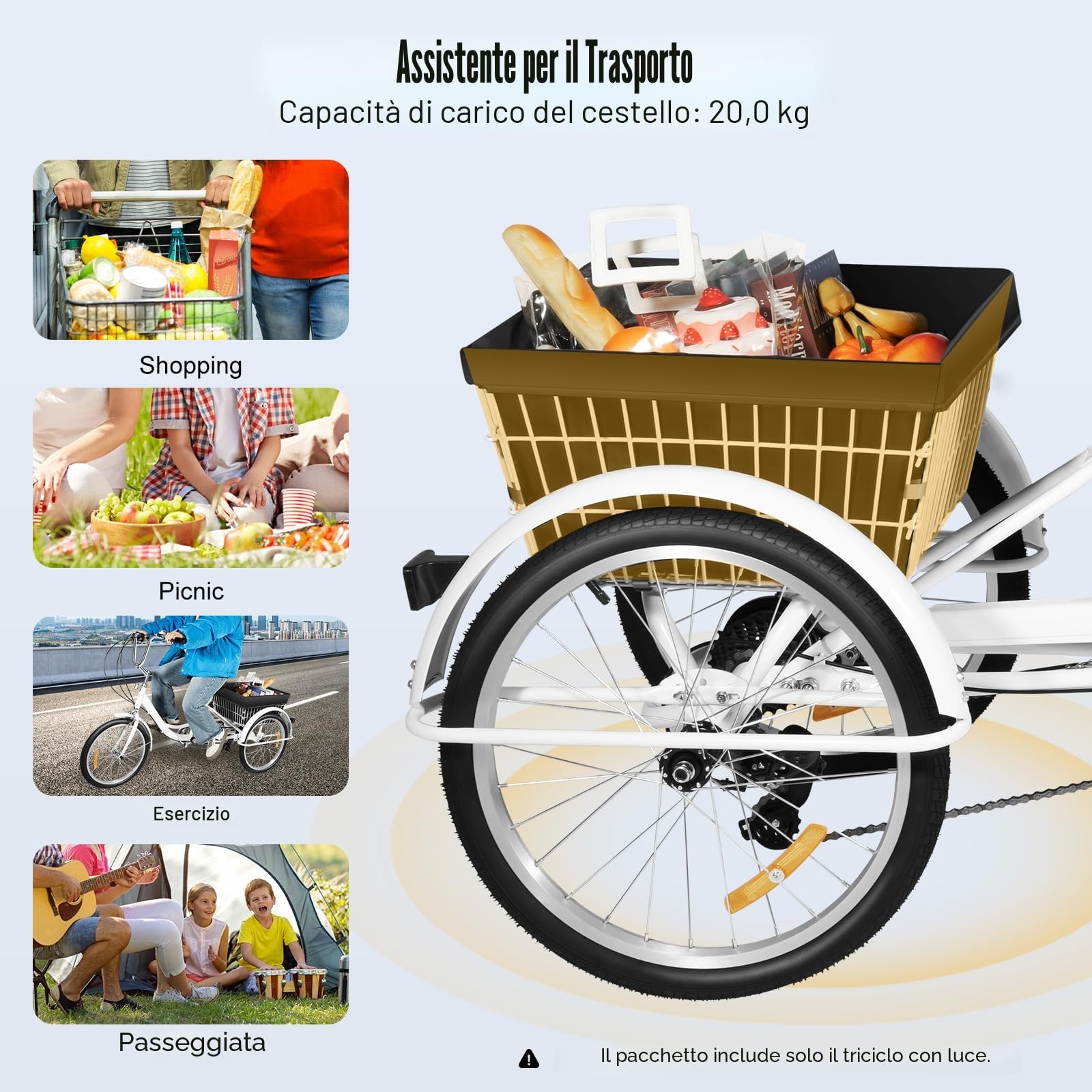 Triciclo da 20 pollici per adulti, 3 ruote, 8 velocità, bicicletta a 3 ruote con cestino portaoggetti, bicicletta cargo per adulti, anziani e donne, altezza regolabile (bianco)