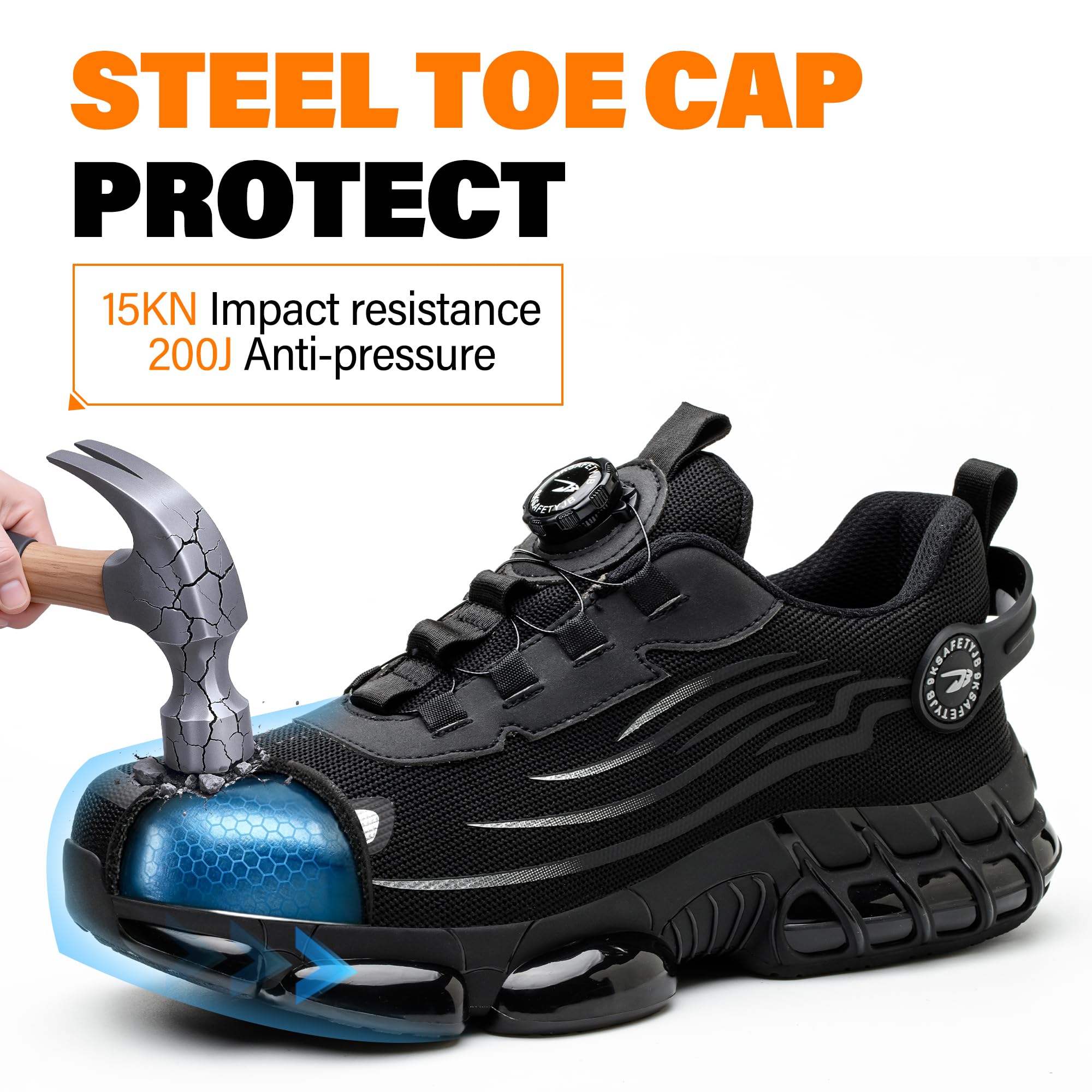 Zapatillas de seguridad para hombre y mujer, puntera de acero, transpirable, con cojín de aire | Zapatos de seguridad ligeros a prueba de pinchazos con puntera de acero, cordones de hebilla giratoria