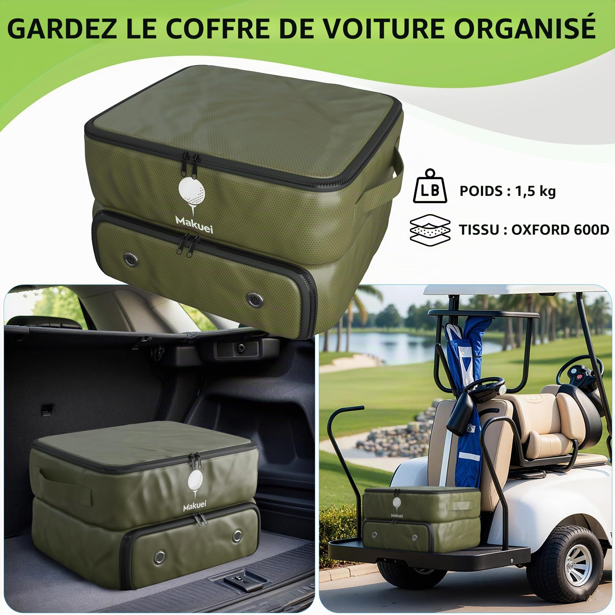 Makuei Organisateur d'accessoires de golf pour voiture - Idéal pour ranger brosses, tees, balles, répare-pitch, vêtements et autres accessoires - Cadeau de golf parfait