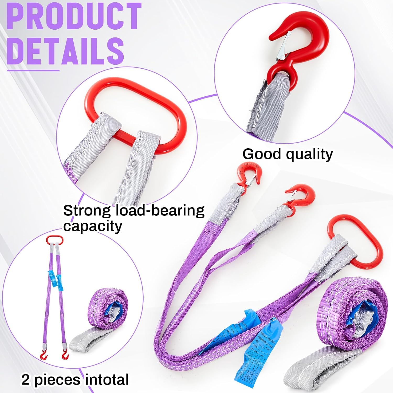 2 Pcs 3.3 FT Heavy Duty Polyester Lifting Rigging Straps Two Leg Bridle Web Sling with Hook & Twist Eye Lift Strap for Hoist Engine Crane Truck Tow Tree Stump 4409 Lbs Load Capacity, Purple