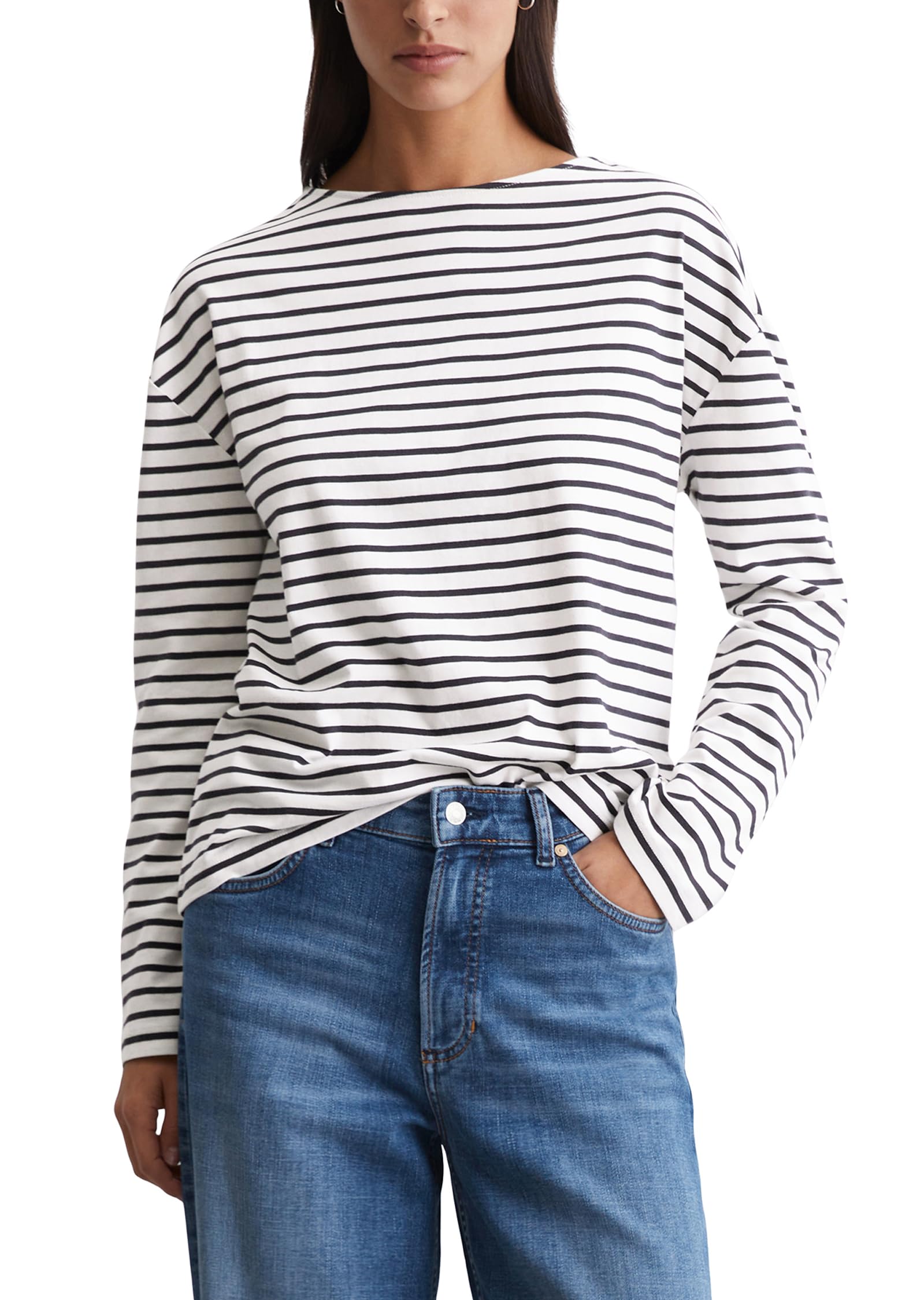 Marc O'polo Women's Offwhite Multi 01 Marc Oߴpolo Denim Striped Long Sleeve Top With Boat Neck, White (Offwhite Multi 01), S