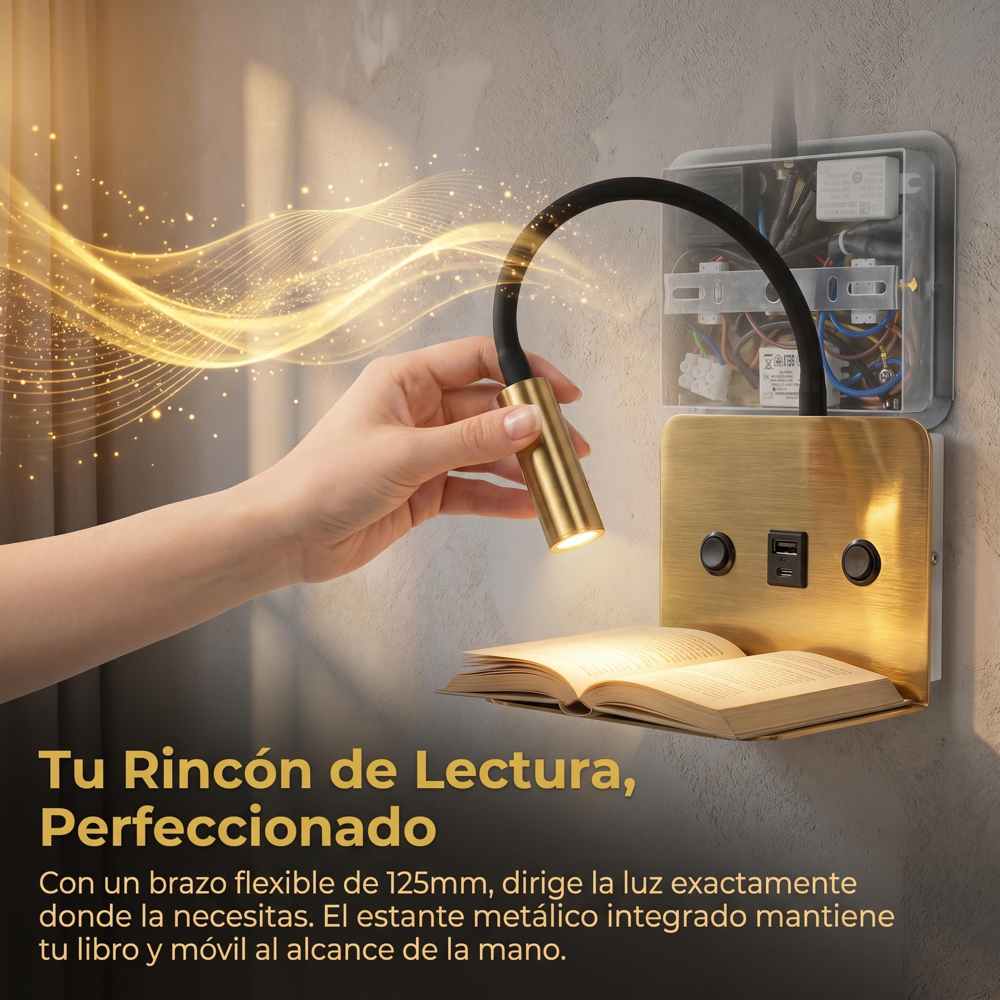 BARCELONA LED Applique Murale LED de Lecture SLANGE 2 Doré 3W+6W USB USB-C Lampe Chevet avec Étagère, Double Éclairage Indépendant, Lumière Chaude 3000K, Bras Flexo Orientable