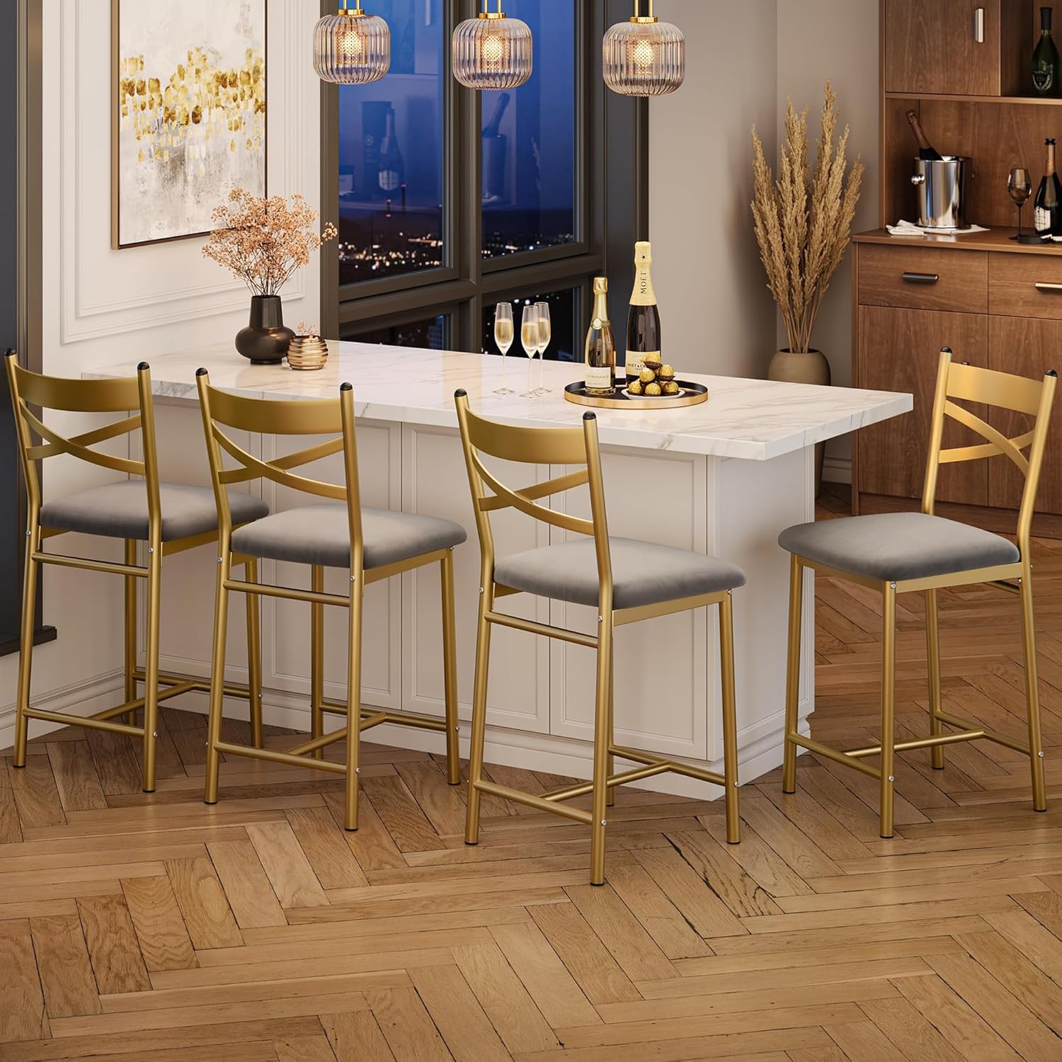 GAOMON Bar Stools Set of 4, Counter Height Bar Stools with PU Upholstered Seat, Metal Frame Kitchen Bar Chairs with X-Design Back and Footrest for Kitchen Island, Counter Bar, Dining Room, 22" Gold