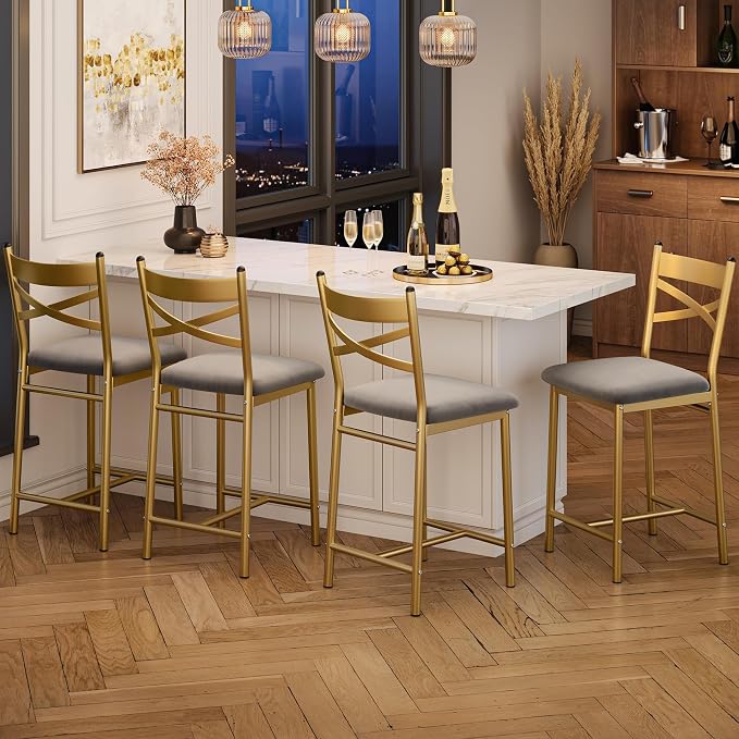 Butaco metálico con respaldo y asiento acolchonado dorado miniatura 4